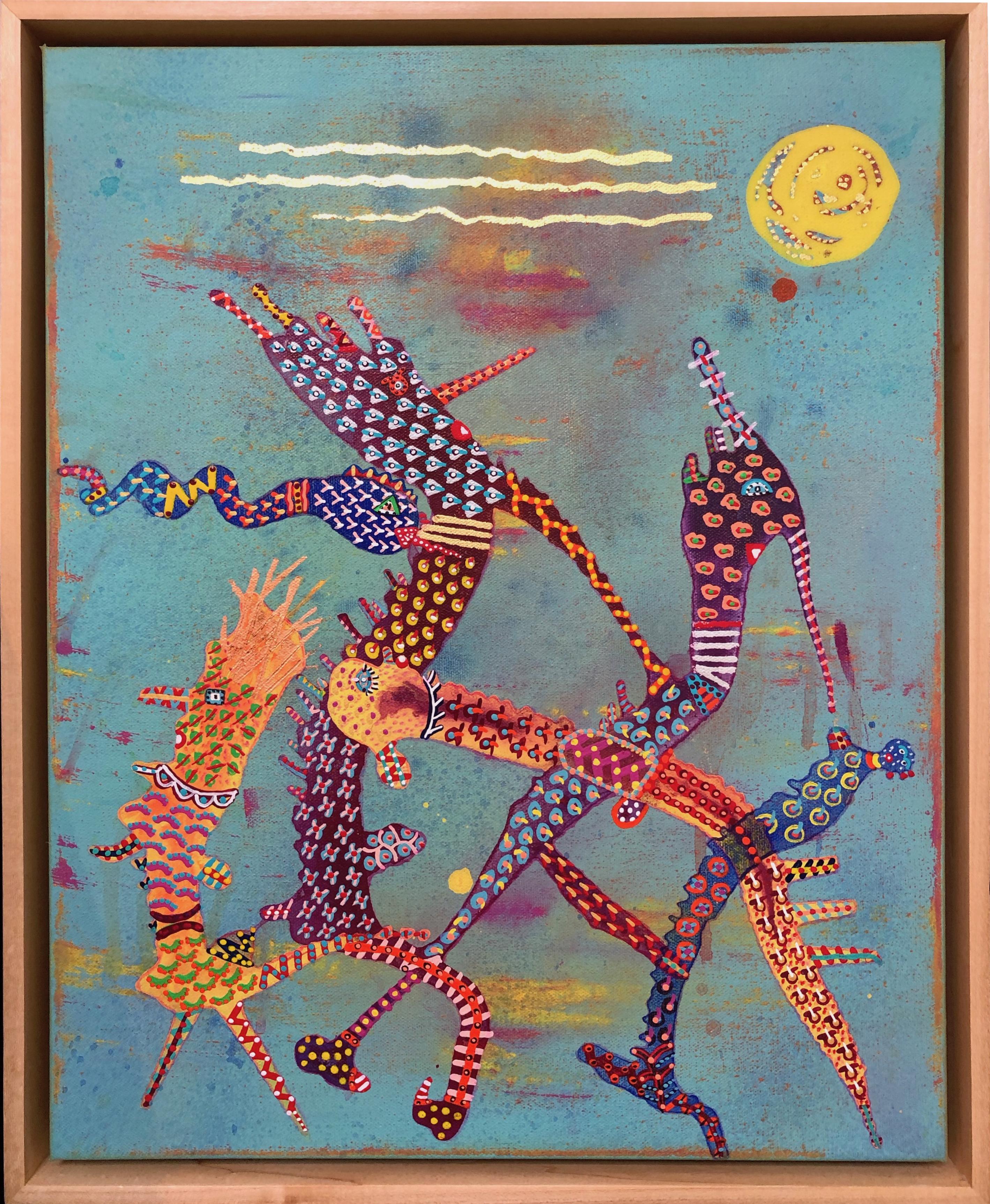 This is an original painting by Astrid Francis. It is framed with a 2" natural wood floating frame making the entire piece 21.5" x 17.5". 

Astrid Francis operates in a realm of fantastical surrealism, utilizing bright colors to create other worldly