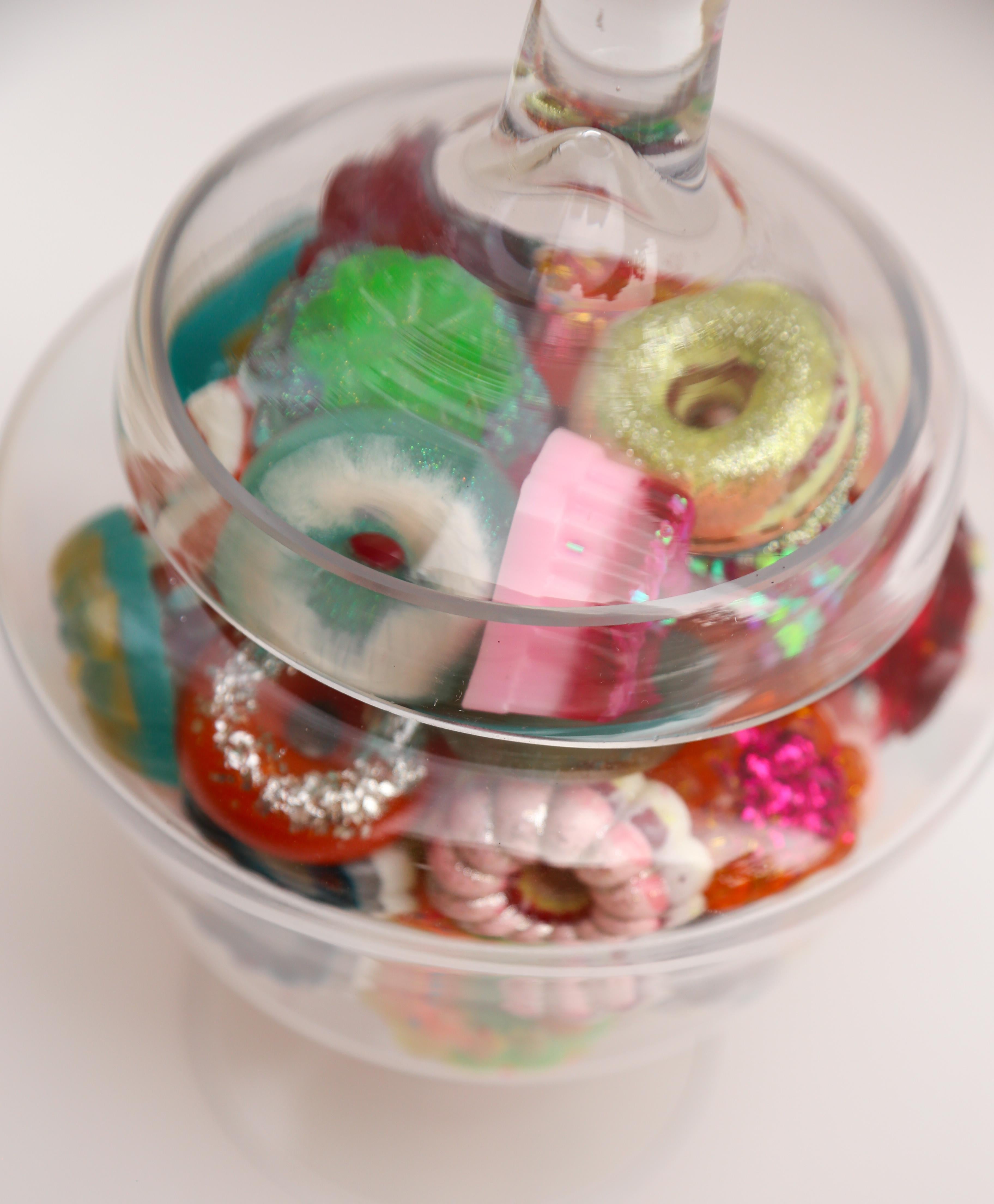 Donut Jar - Handmade Mini Resin Donuts in Glass Candy Jar / colorful  - Beige Still-Life Sculpture by Betsy Enzensberger