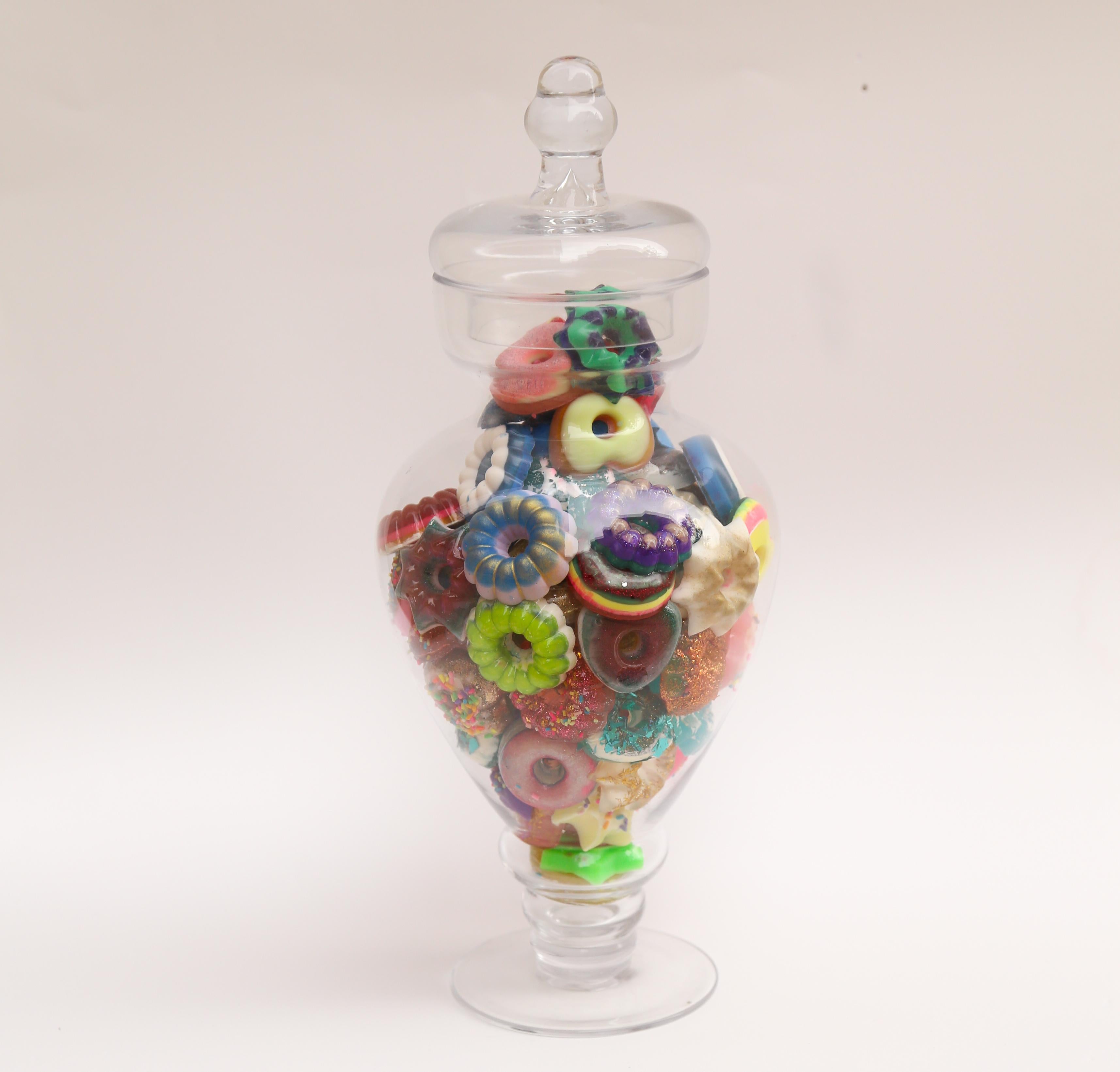 Betsy Enzensberger Still-Life Sculpture - Donut Jar - Handmade Mini Resin Donuts in Glass Candy Jar / colorful 