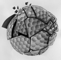 Broken Golf Ball - Stippling, Black and White, Hand Drawing, Original, Ink