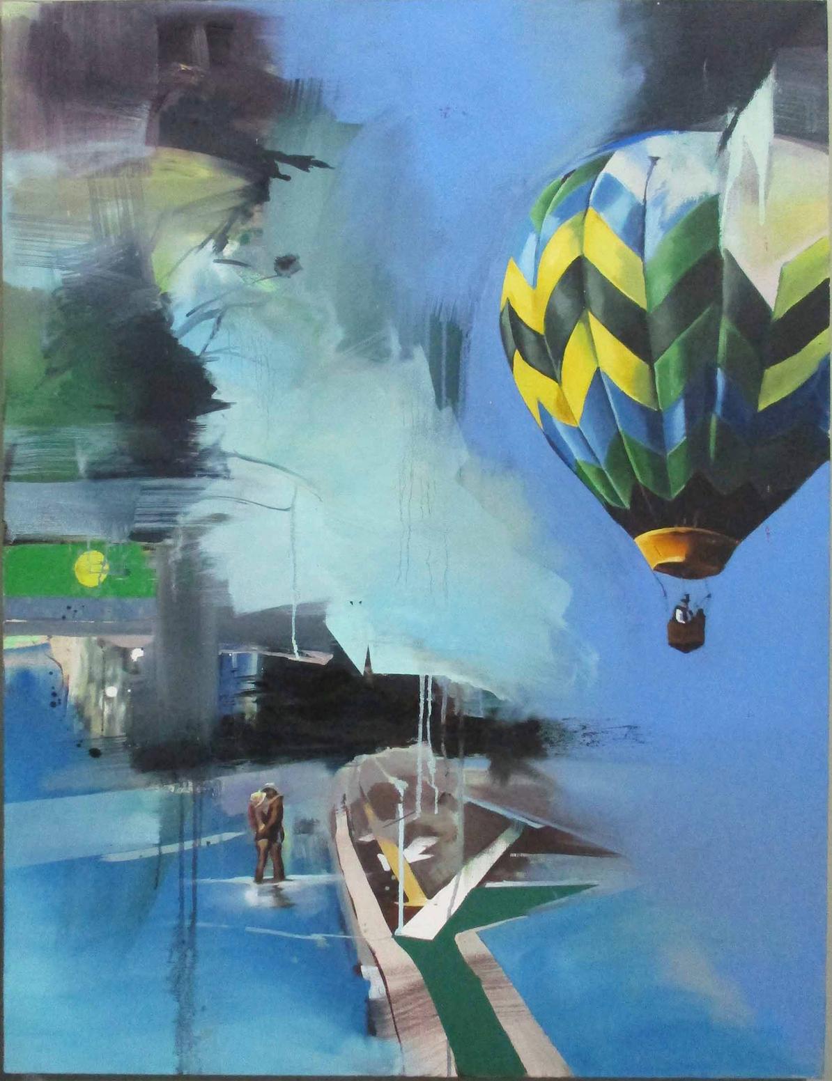 Chloe Early Landscape Painting - Hot Air Balloon - Contemporary, Blue, Original, Canvas, Street Art, Figurative