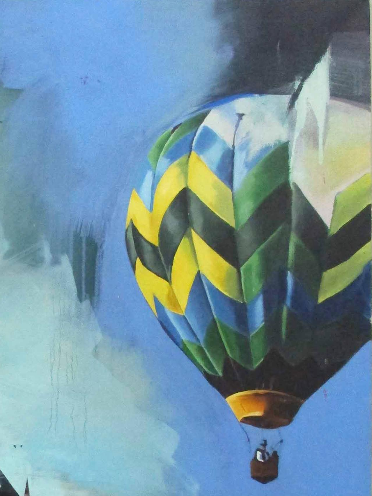 Hot Air Balloon - Contemporary, Blue, Original, Canvas, Street Art, Figurative - Painting by Chloe Early