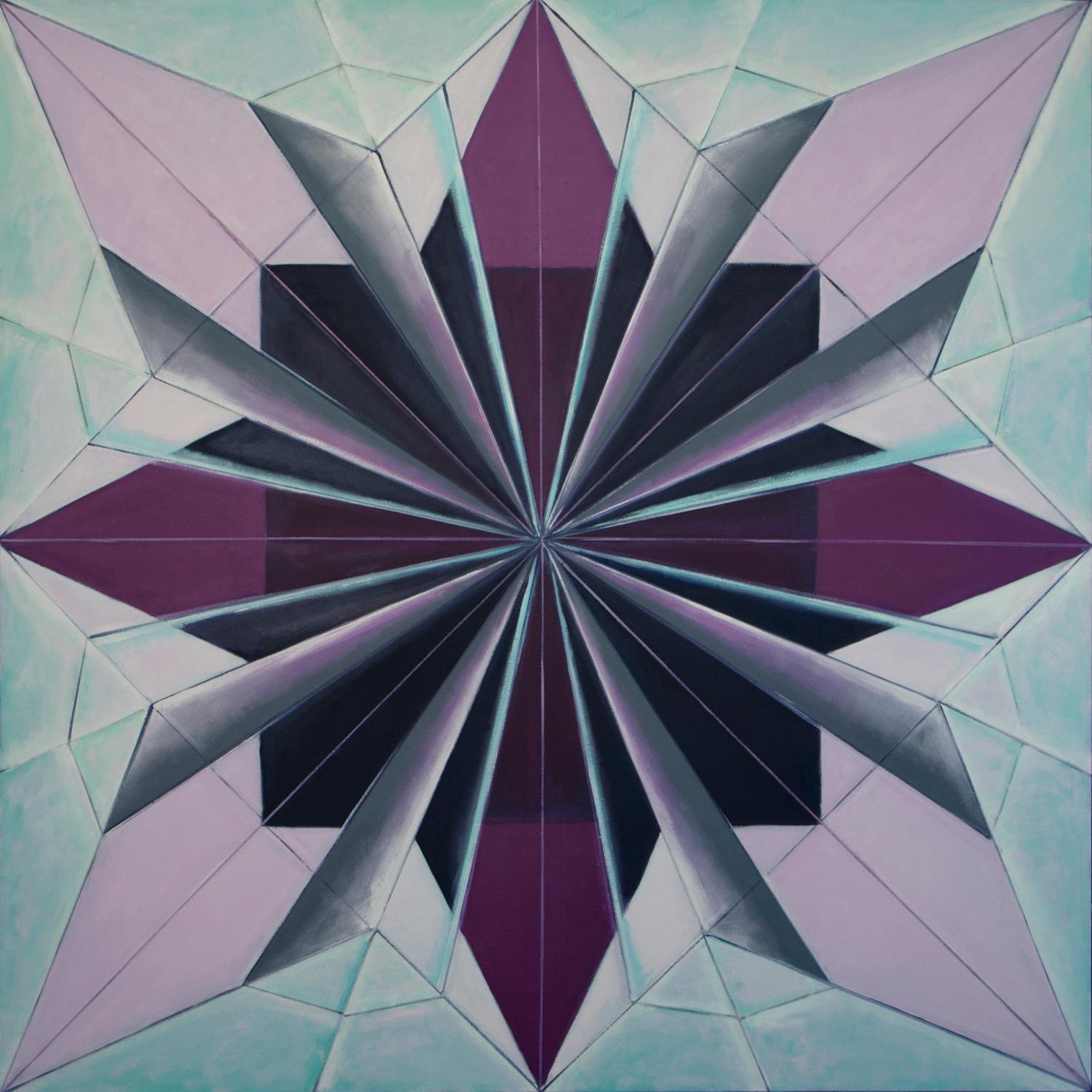 Chun Hui Pak Abstract Painting - Black Iris IV (Ode to Georgia O'Keeffe), abstract geometric origami oil painting