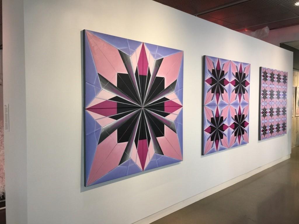 Black Iris IV (Ode to Georgia O'Keeffe), abstract geometric origami oil painting - Painting by Chun Hui Pak