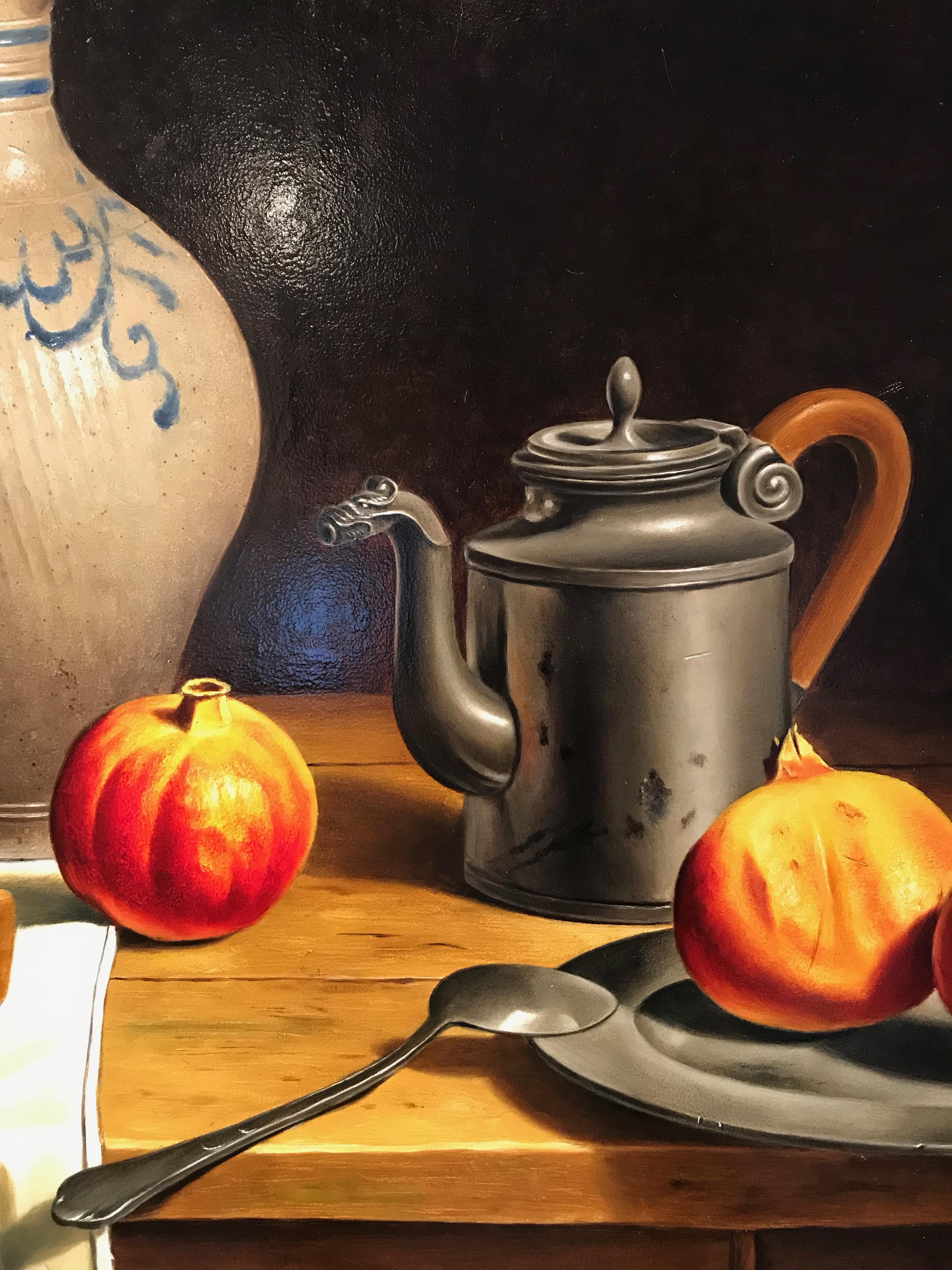 Coffee Mill and Westerwald Jug - Realist Painting by Stefaan Eyckmans