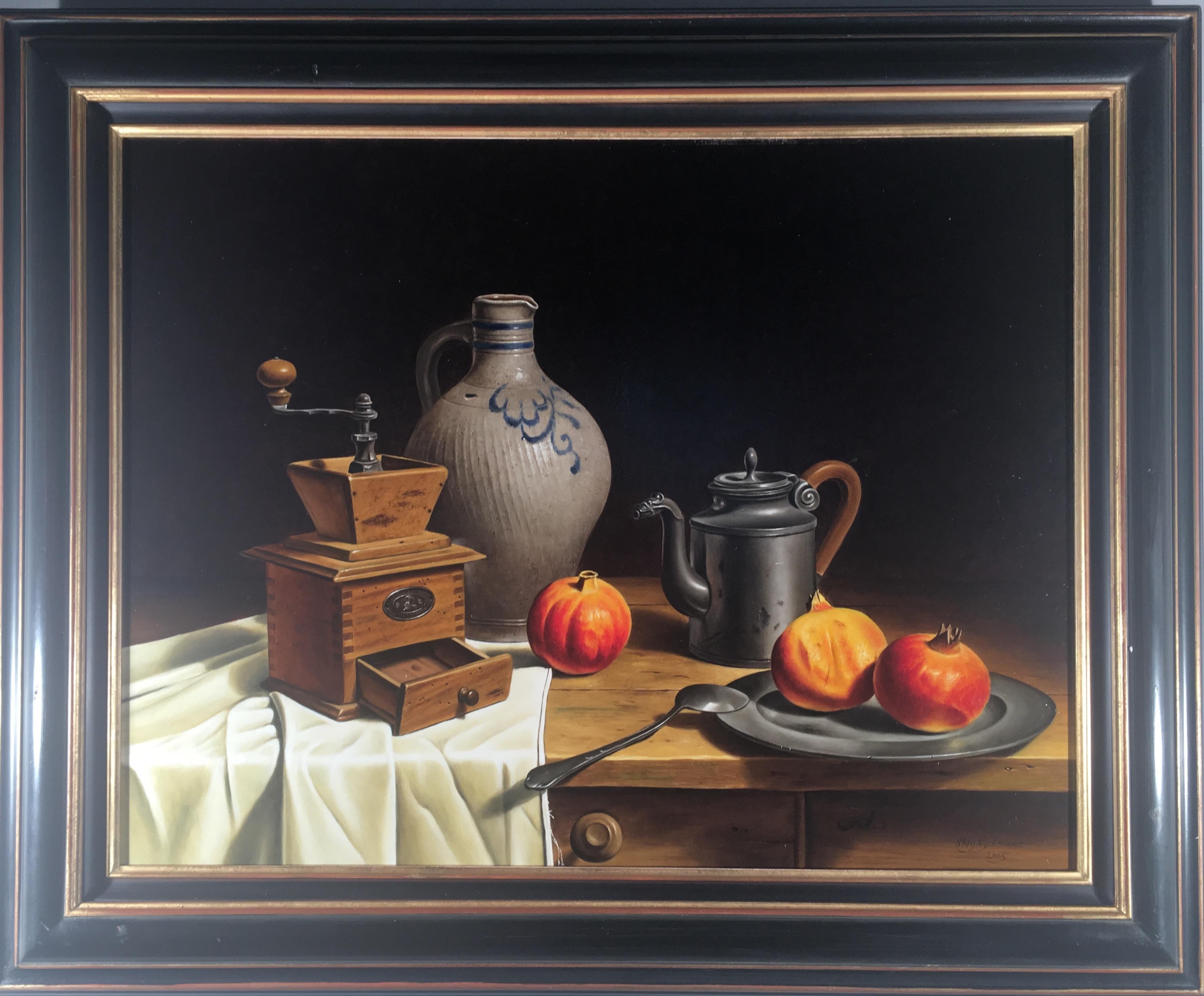 Stefaan Eyckmans Still-Life Painting – Kaffeemühle und Krug aus Westerwald