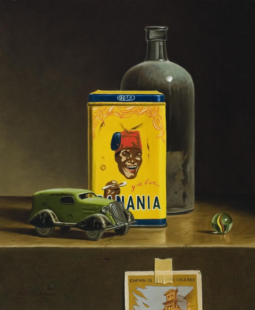 Toy Car and Banania Tin - Painting by Stefaan Eyckmans