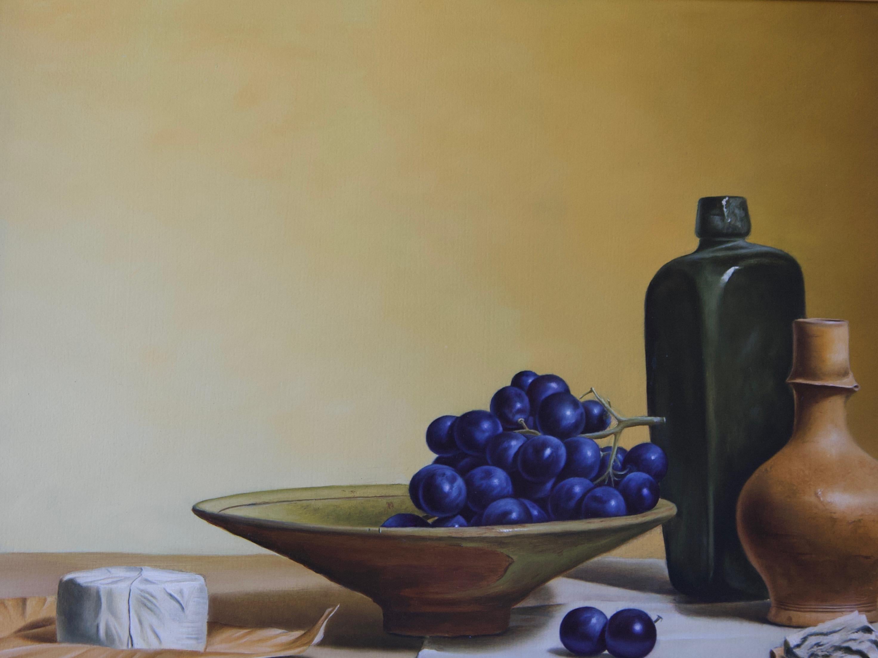 Trauben und französische Käse (Realismus), Painting, von Stefaan Eyckmans