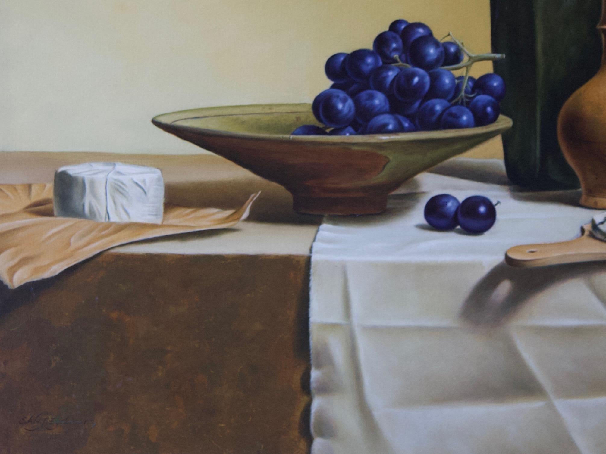 Grapes and French Cheese - Brown Still-Life Painting by Stefaan Eyckmans