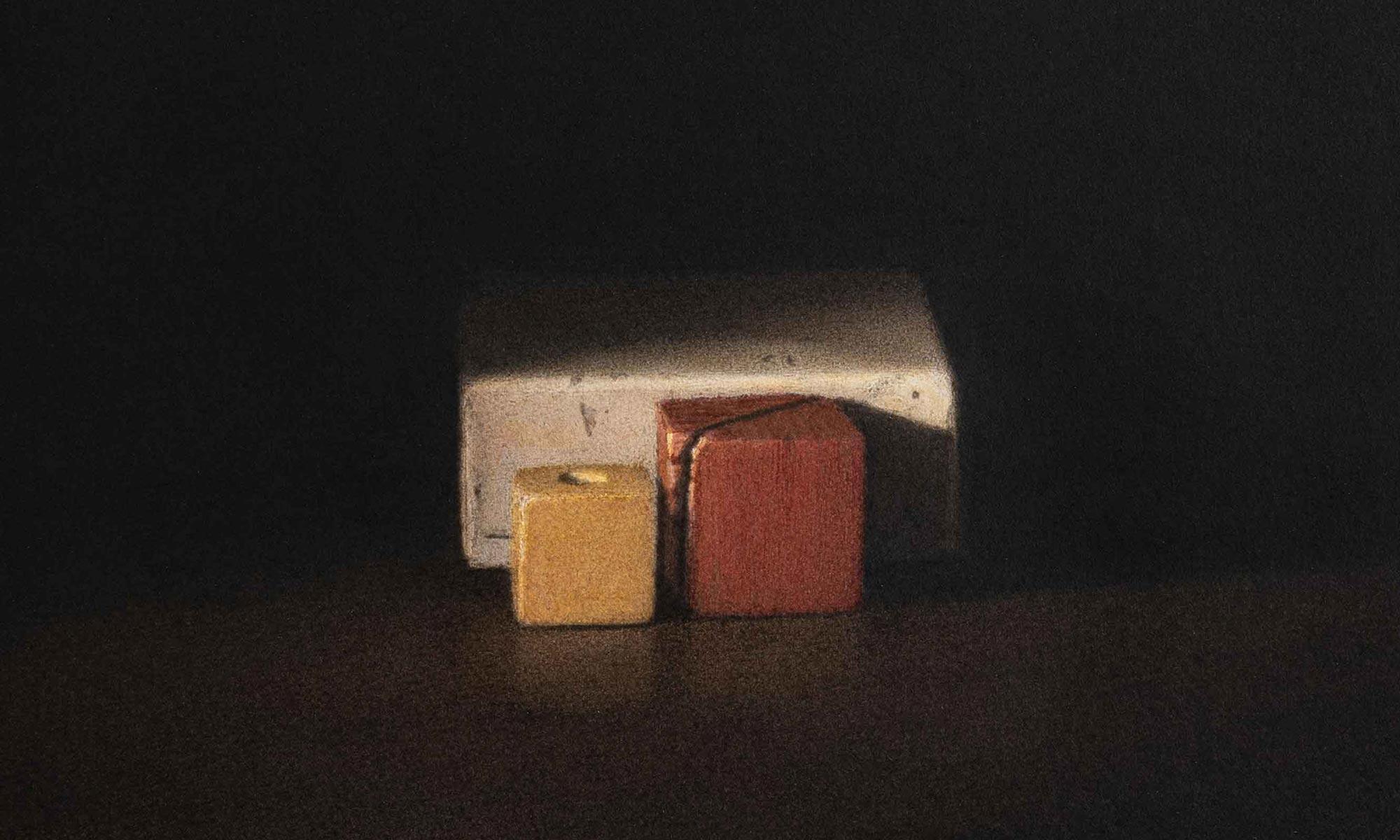 Cube Jaune, Cube Rouge - Noir Still-Life par Catherine Jansens
