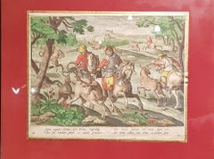 Gravure de chasse : chasse au cerf avec le lasso