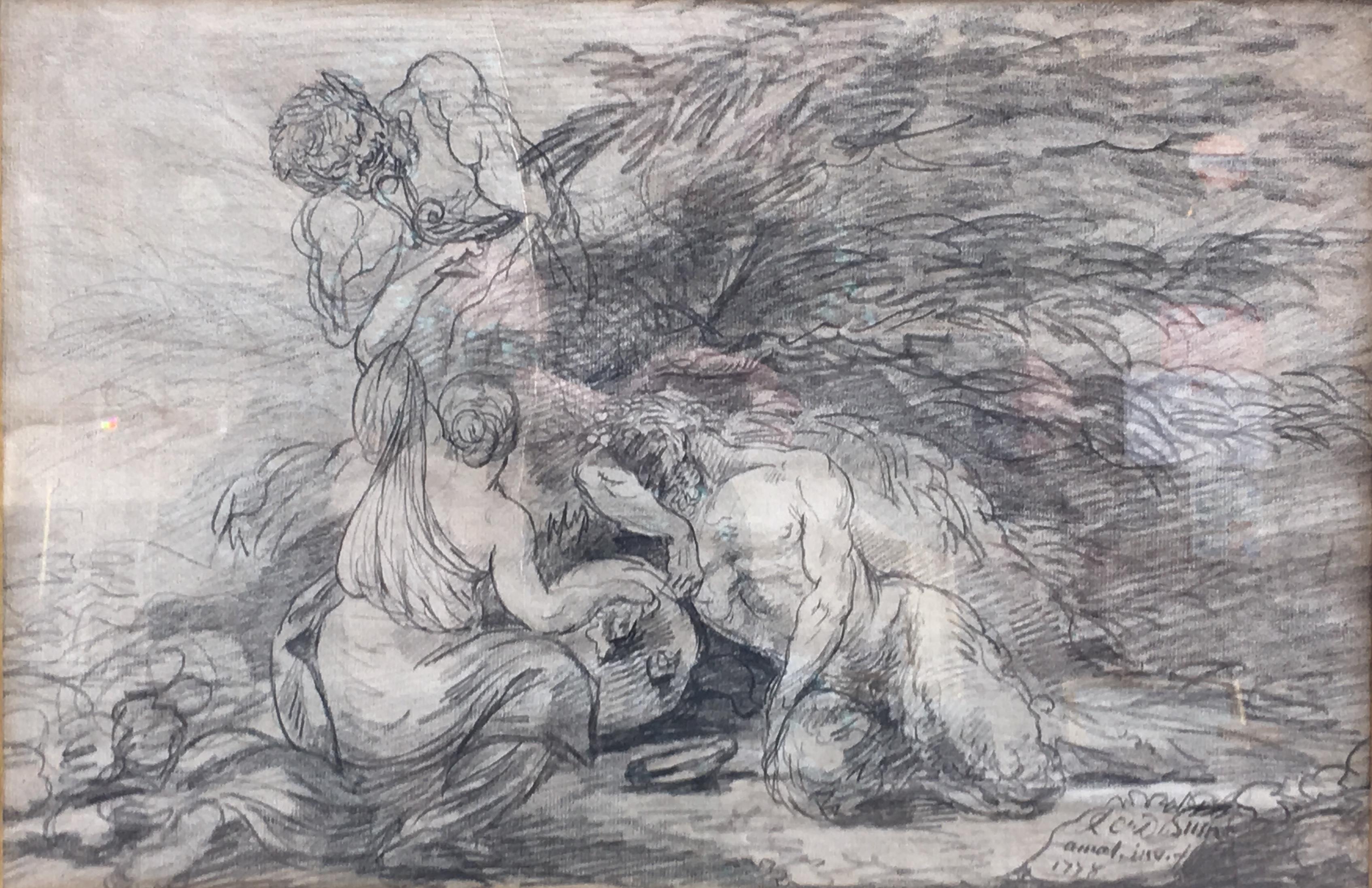 Unknown Figurative Art - Bacchanal scene with nymp and Satyrs, pencil on Paper signed and dated 1778