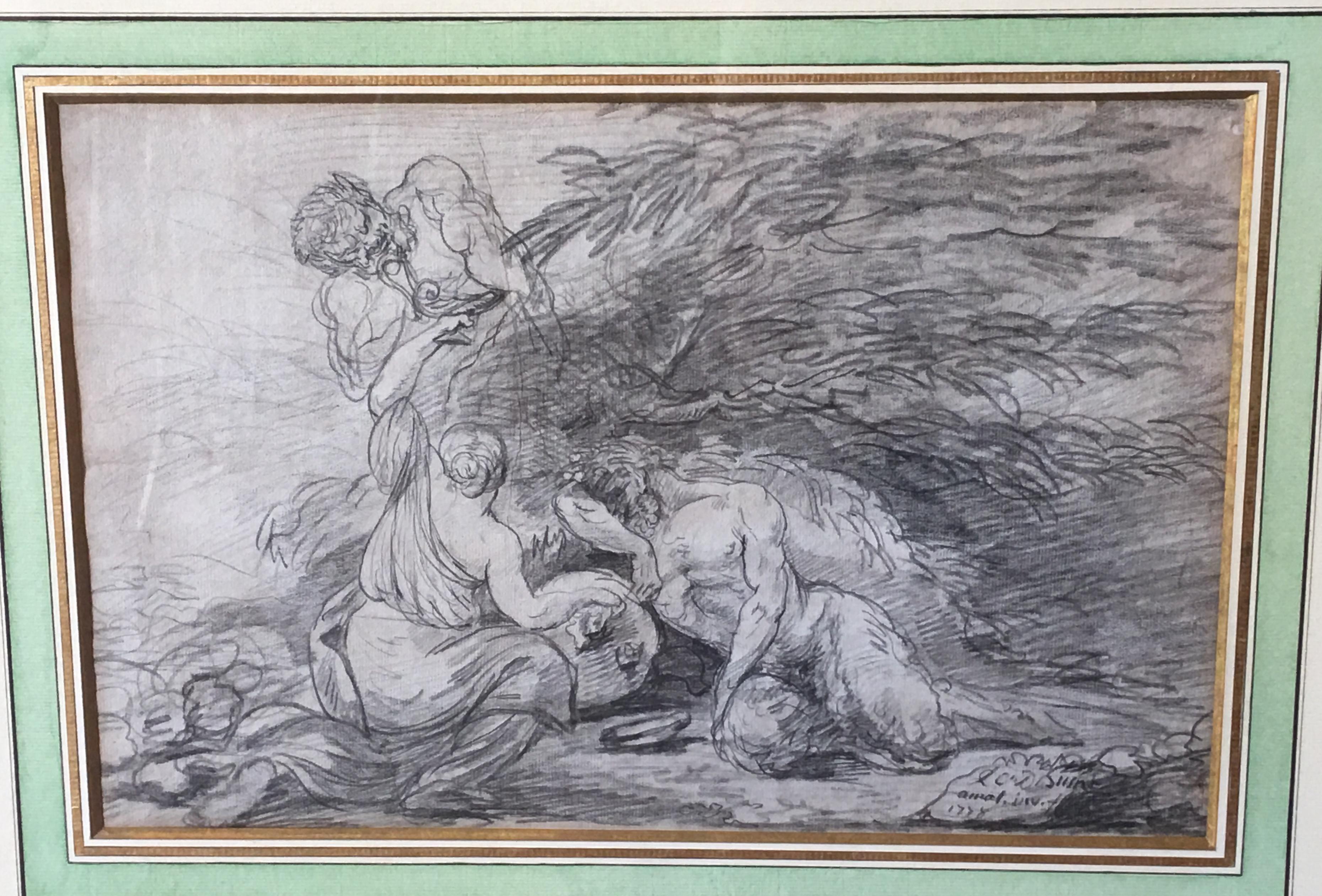 Bacchantische Szene mit Nymphe und Satyrn, Bleistift auf Papier, signiert und datiert 1778 – Art von Unknown