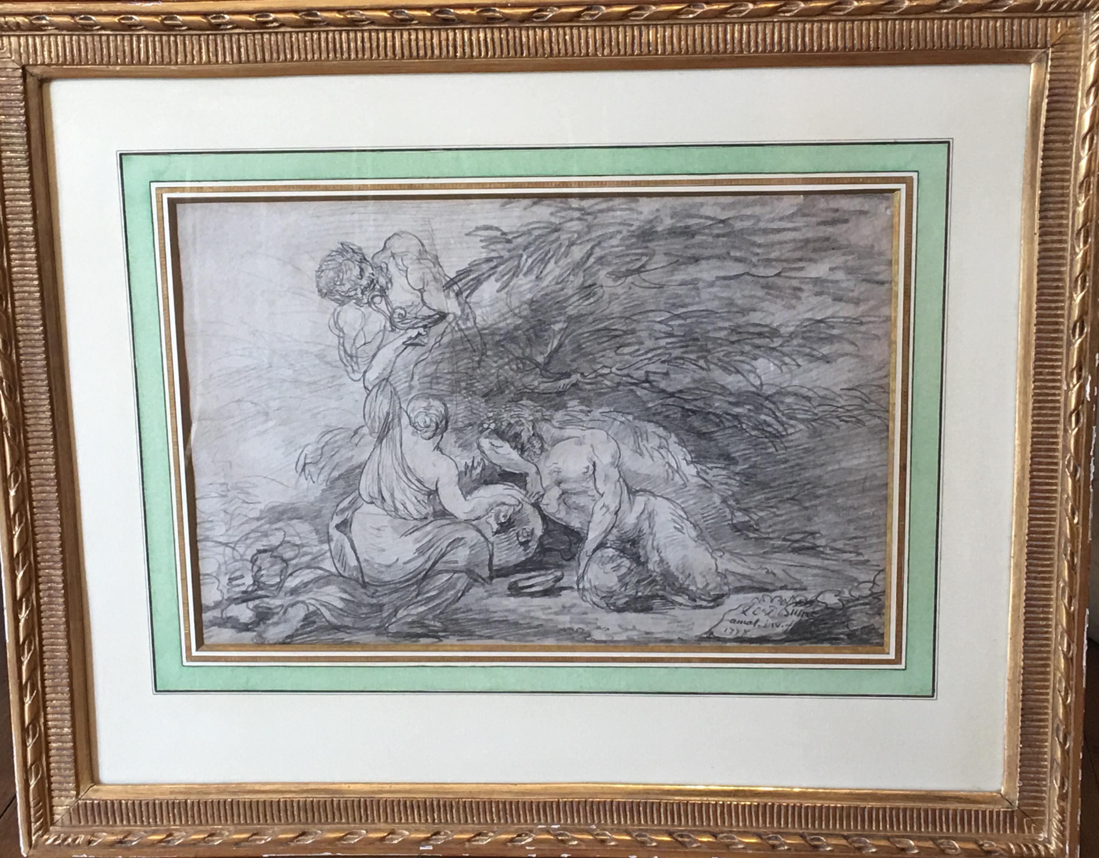 Bacchanal scene with nymp and Satyrs, pencil on Paper signed and dated 1778 - Academic Art by Unknown