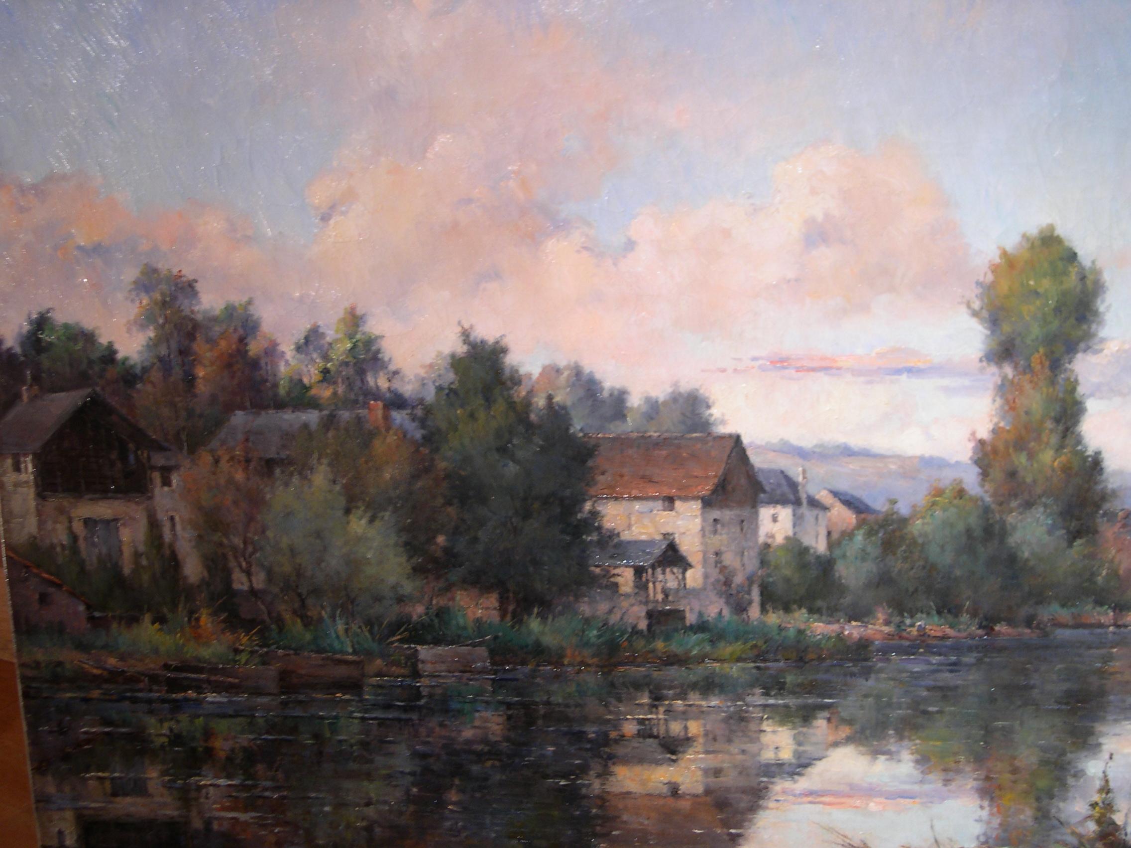 Die Andélys:: Öl auf Leinwand:: rechts unten signiert L.LEROUX und datiert 1898. 

Hier stellt Louis-Eugène LEROUX (Paris:: 1833-1905):: ein Genre- und Landschaftsmaler:: das Ufer der Seine bei Les Andélys:: einem bezaubernden Städtchen in der