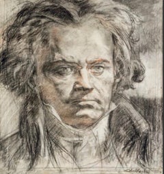 Portrait of Beethoven Charcoal On Paper Signed Alméry Lobel Riche