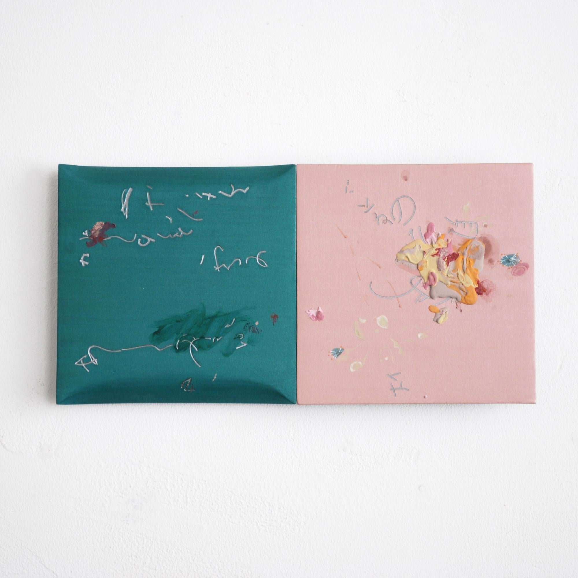Masaya Eguchi  Abstract Sculpture – Two paintings I - Abstract Wall Sculpture, Wood, Pink, Blue, Art, Masaya Eguchi