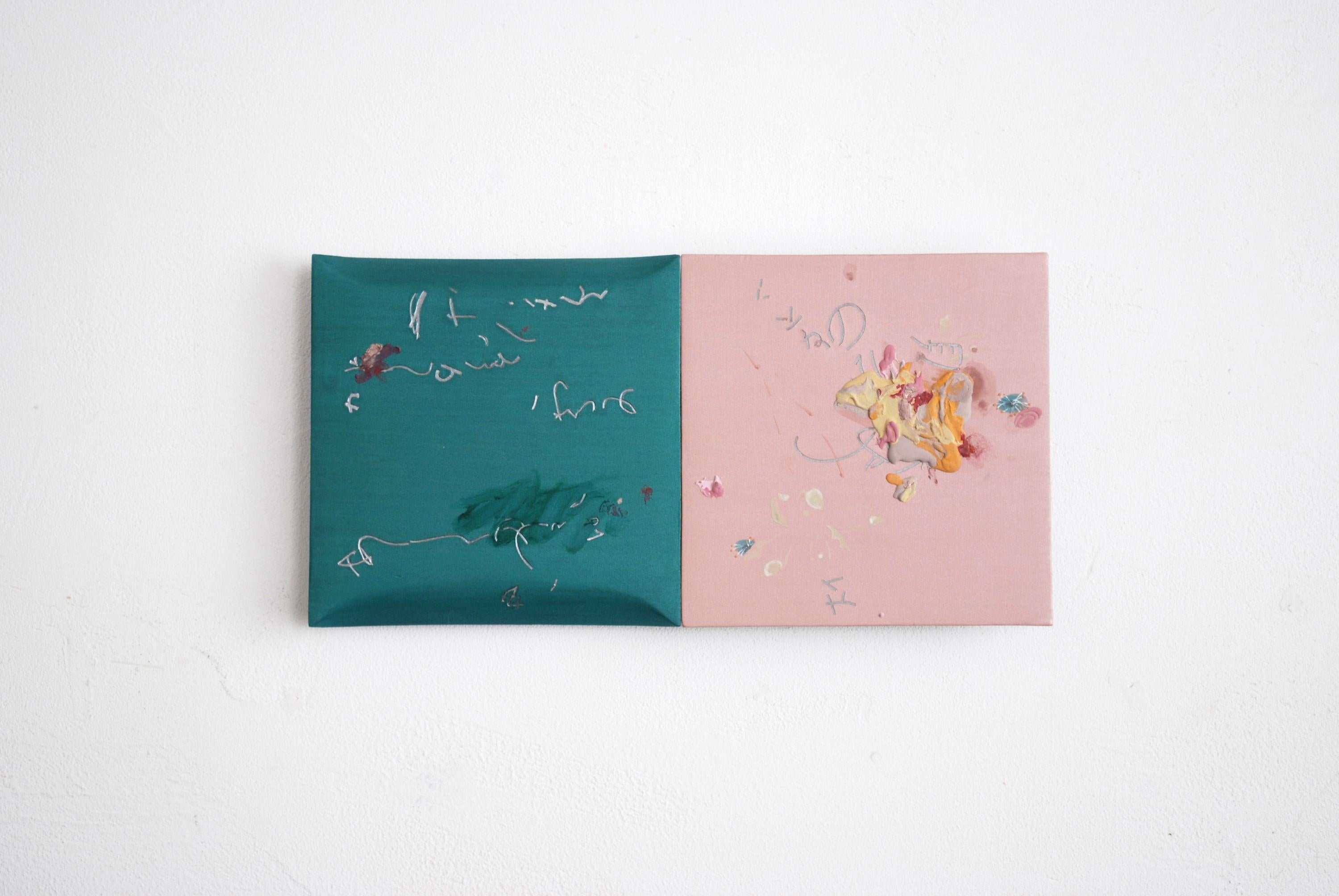 Two paintings I - Abstract Wall Sculpture, Wood, Pink, Blue, Art, Masaya Eguchi im Angebot 1
