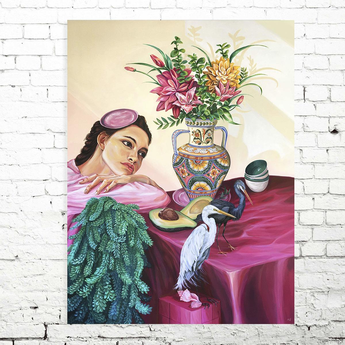 Sueño - Figurative Painting, Contemporary, Art, Pink, Flowers, Mica Lucas For Sale 1