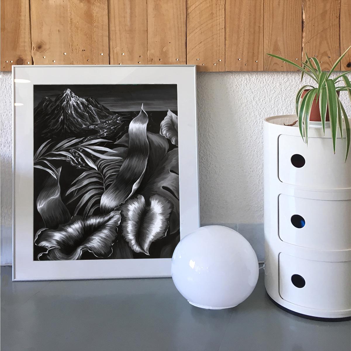 La Isla - Figurative Painting, Acrylic, Black & White, Plants, Art, Mica Lucas For Sale 2