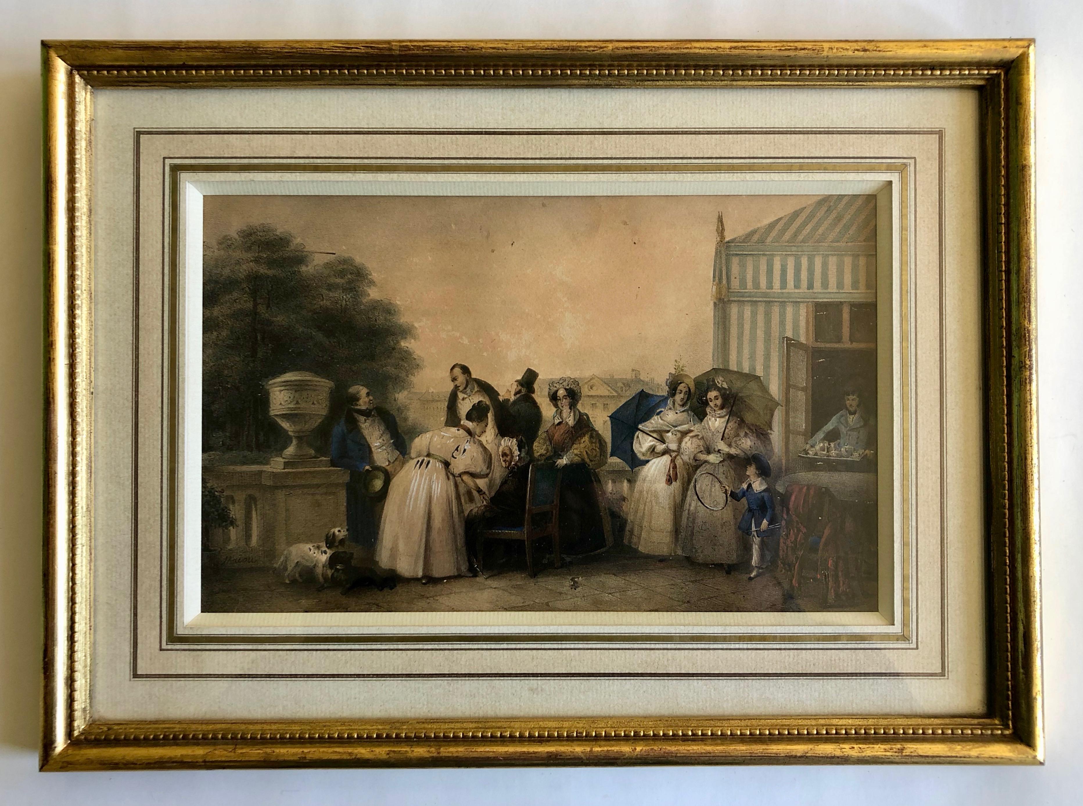 Maiou Figurative Print - Framed French Hand Painted Color Engraving Of A Family And Dogs Enjoying The Day