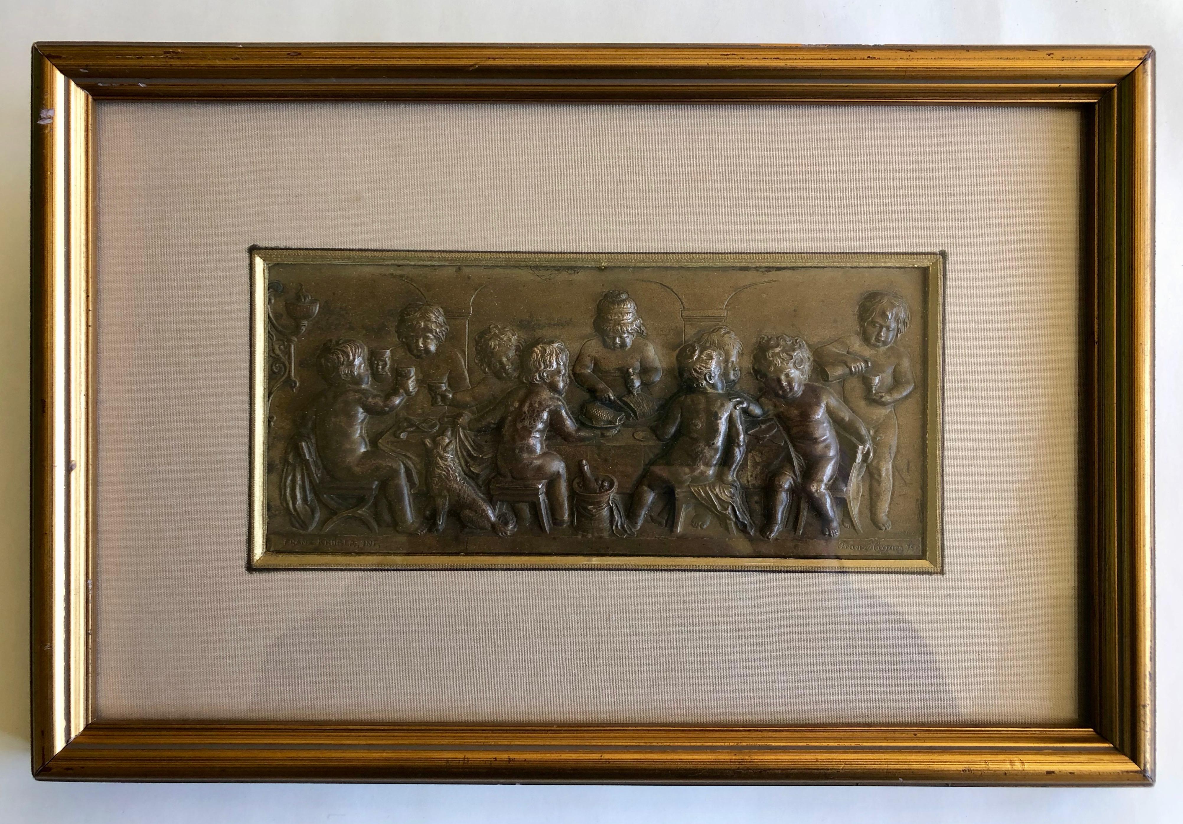 Franz Krüger Nude Sculpture - Framed Embossed Bronze Of 9 Cherubs Dining With A Dog, Signed And Dated 1902