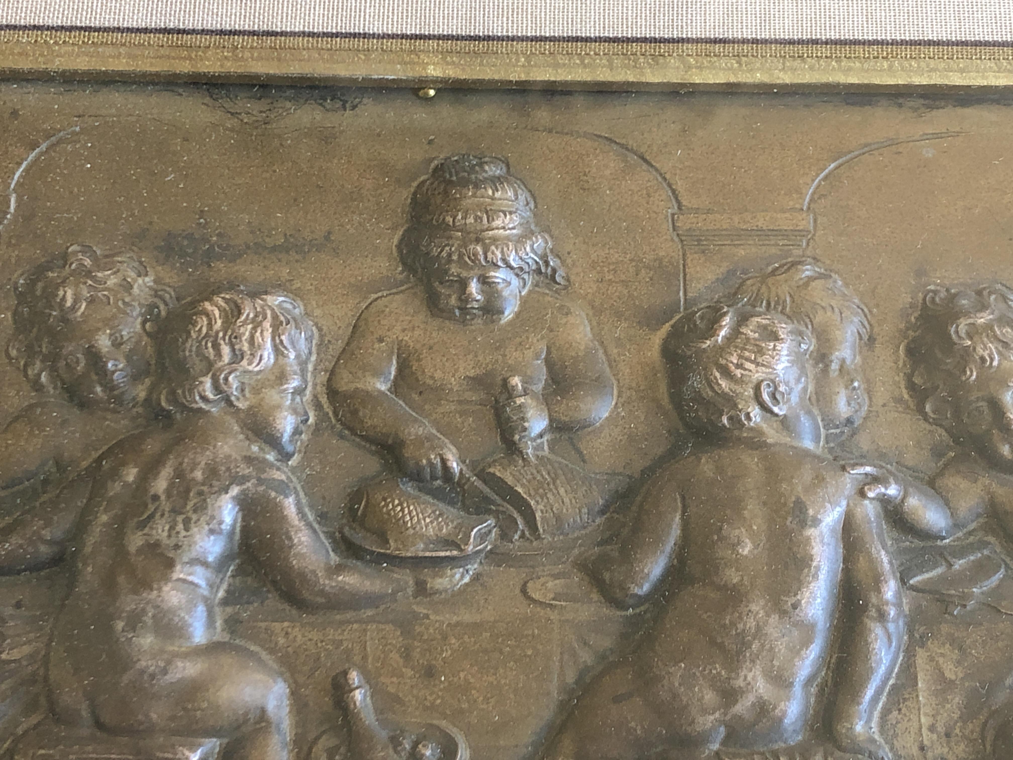 Framed Embossed Bronze Of 9 Cherubs Dining With A Dog, Signed And Dated 1902 For Sale 2