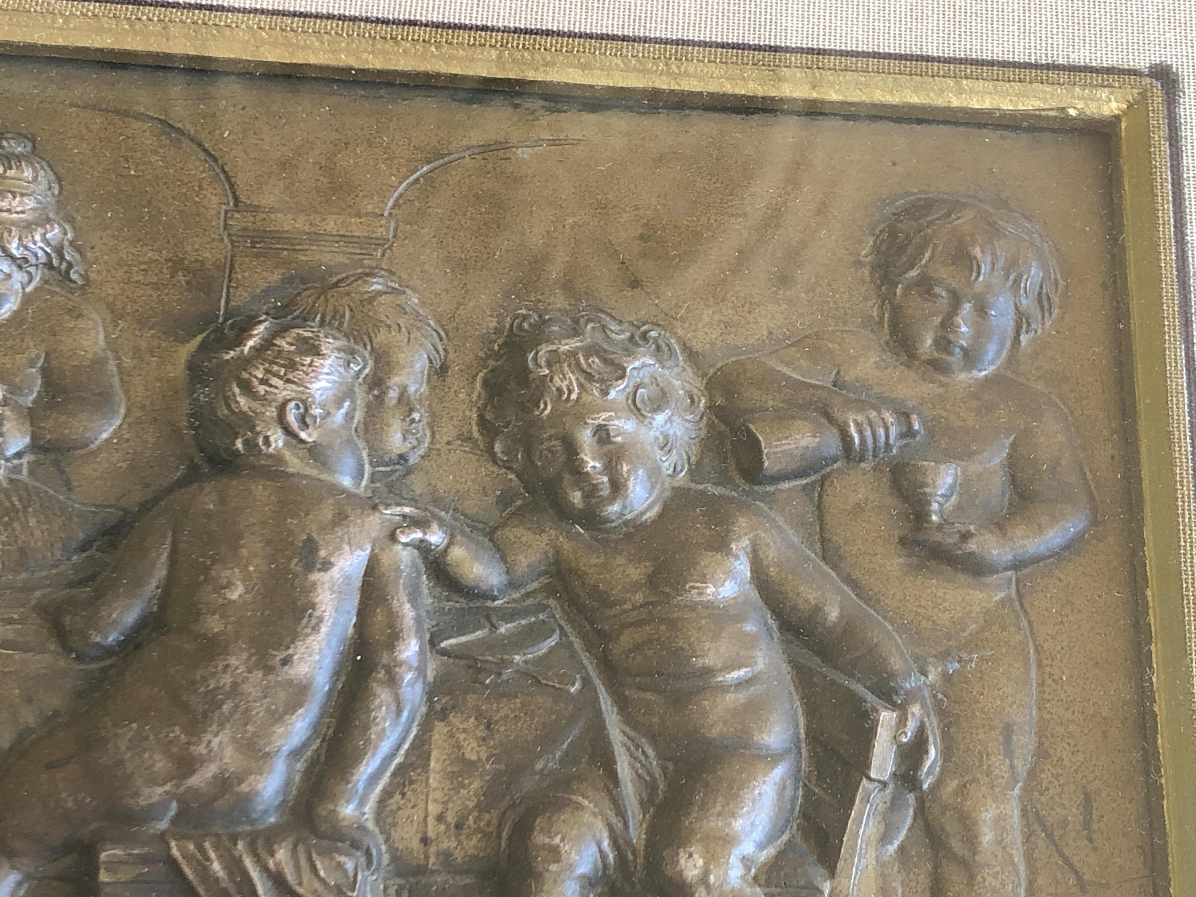 Framed Embossed Bronze Of 9 Cherubs Dining With A Dog, Signed And Dated 1902 For Sale 3