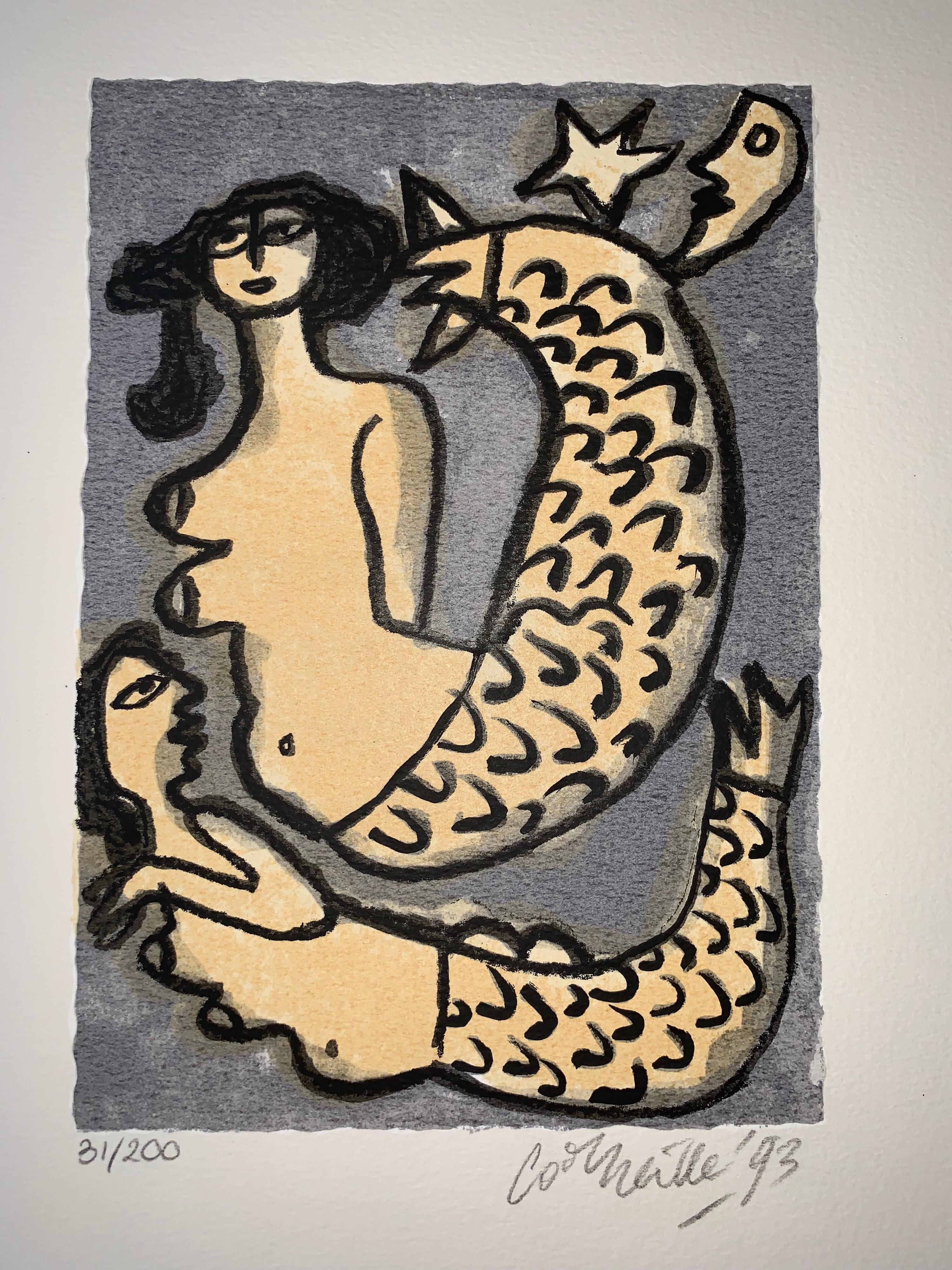 Les Mémoires de Bali II - Cobra, 20th century, 31/200, Portfolio 3 screen print - Gray Figurative Print by Guillaume Cornelis van Beverloo (Corneille)