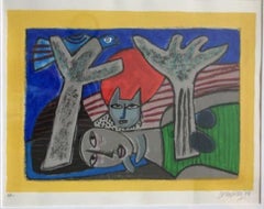 Vrouw met kat en vogel - Cobra, 20th Century, Lithograph, Figurative Print, HC