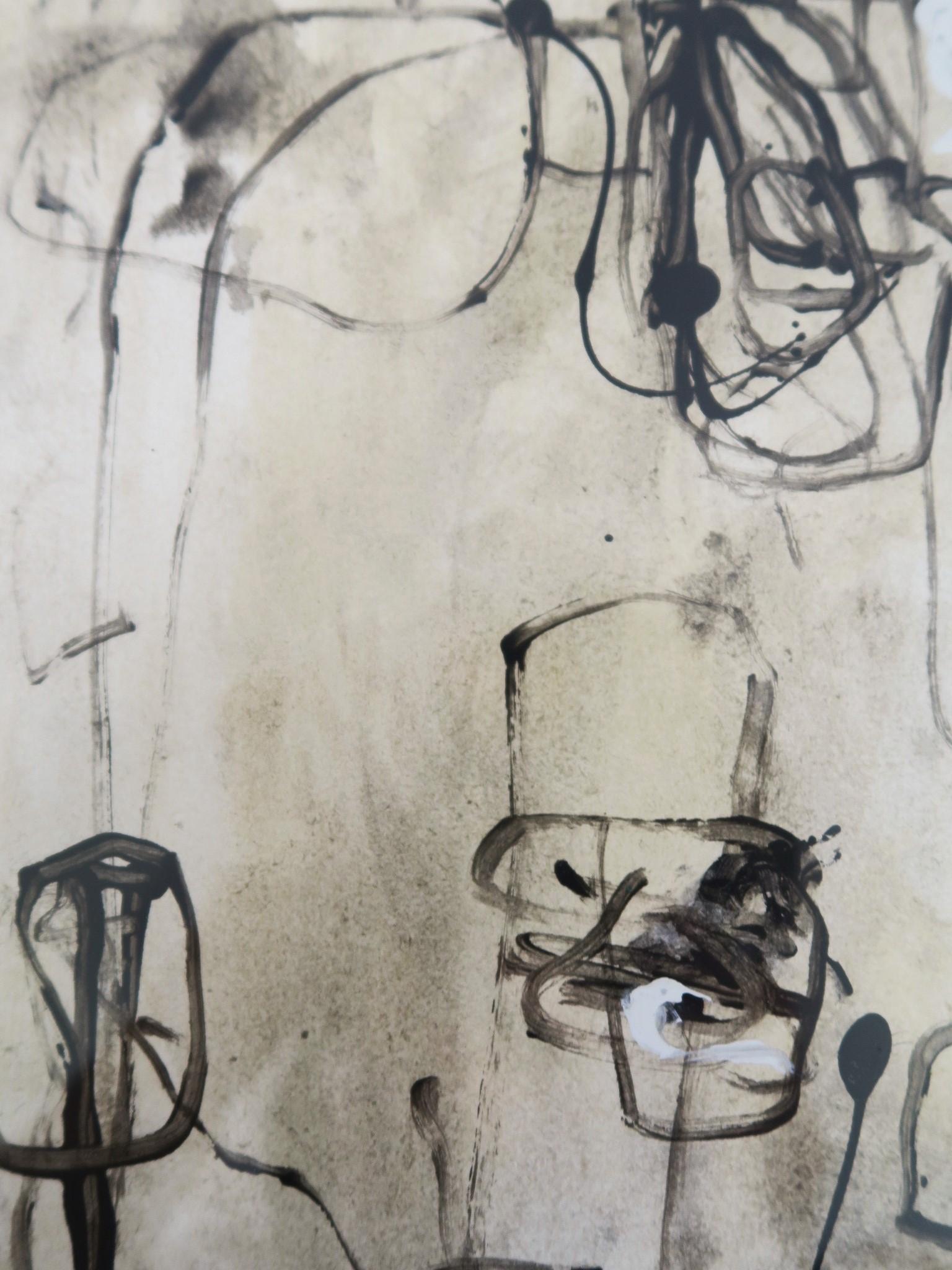 „Labyrinth“ Acryl- und Tinte auf Papier in Farbtönen Rohumber, Schwarz und Weiß – Painting von Karina Gentinetta