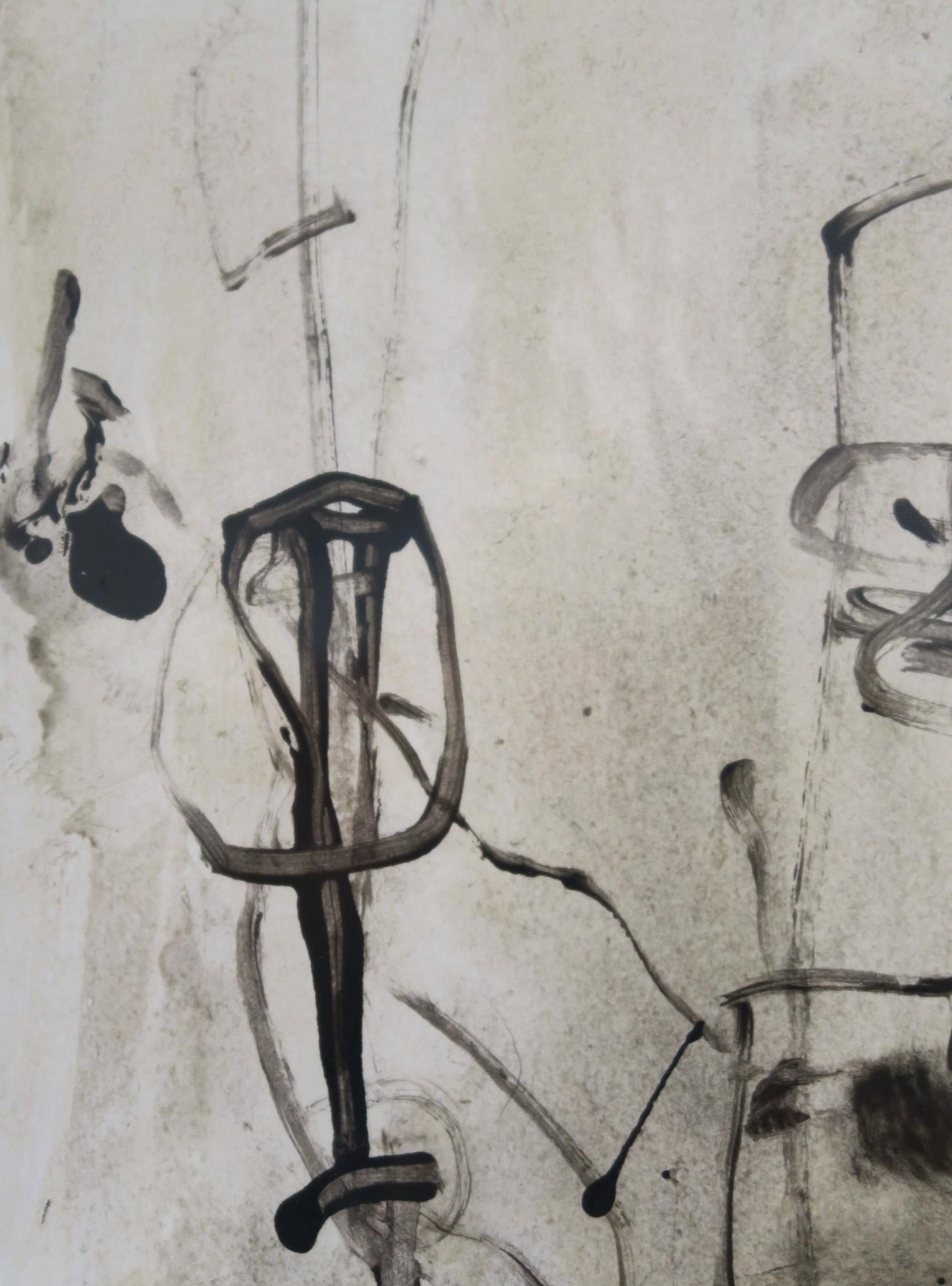 „Labyrinth“ Acryl- und Tinte auf Papier in Farbtönen Rohumber, Schwarz und Weiß (Braun), Abstract Painting, von Karina Gentinetta