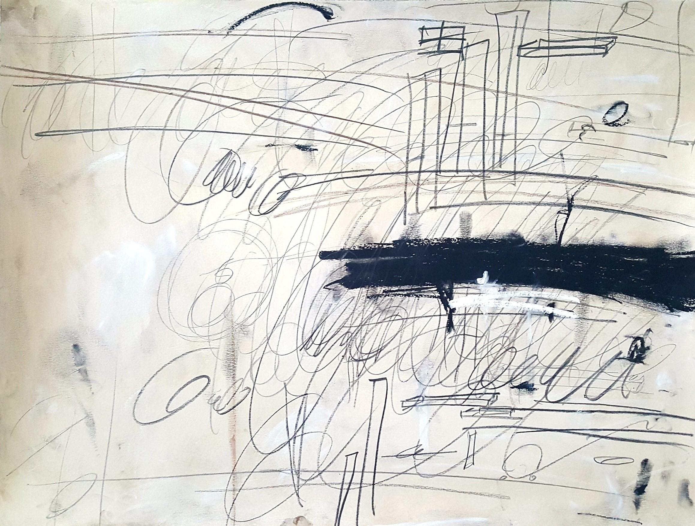 „Ohne Titel“ Acrylfarben, Bleistift, Ölpastell auf Papier in Schwarz-Weiß – Painting von Karina Gentinetta