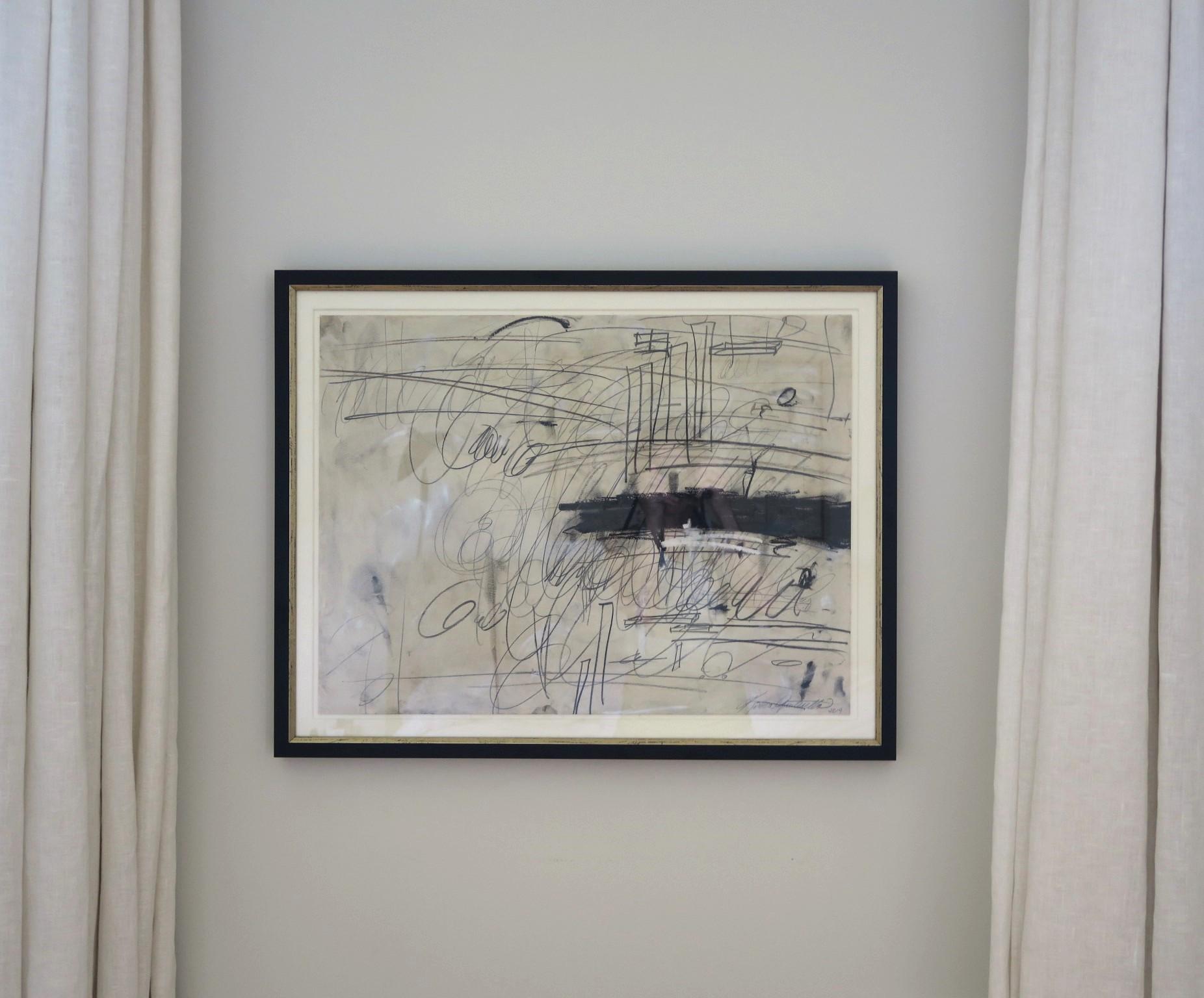 „Ohne Titel“ Acrylfarben, Bleistift, Ölpastell auf Papier in Schwarz-Weiß (Grau), Abstract Painting, von Karina Gentinetta