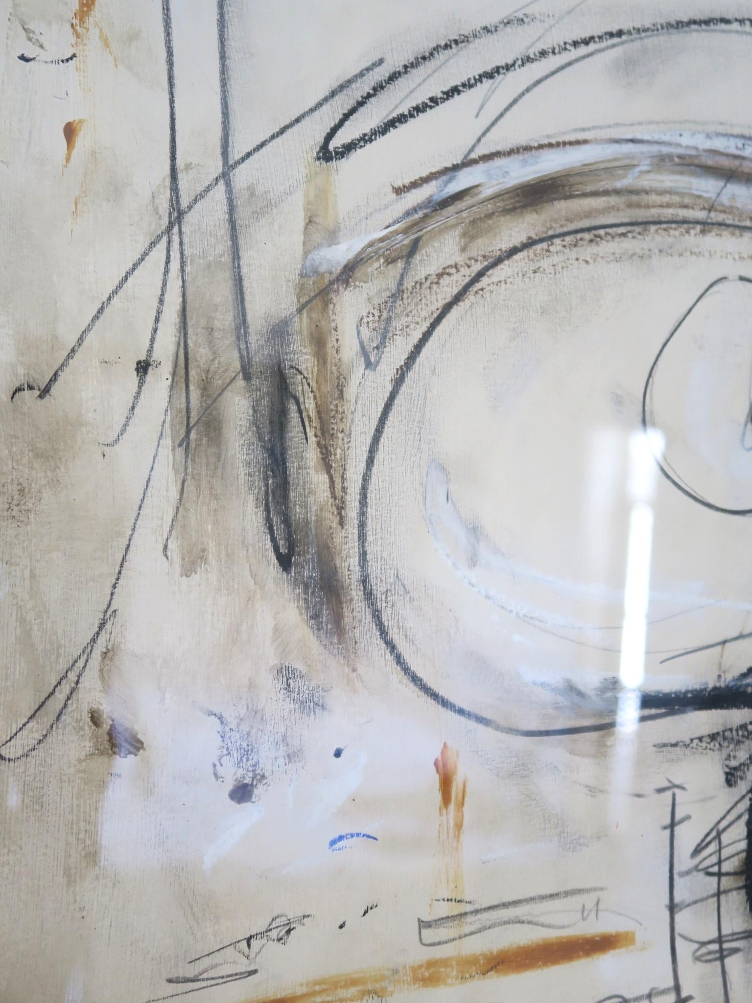 „Ohne Titel“ Acrylfarben, Bleistifte, Ölpastellkreide auf Papier in neutralen Taupe (Grau), Abstract Drawing, von Karina Gentinetta