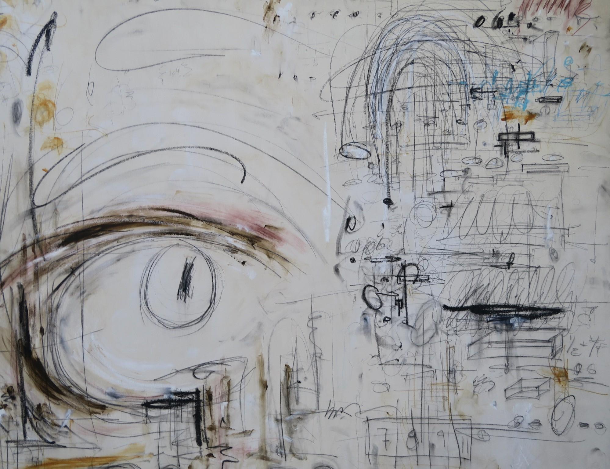 „Eye of the Beholder“ Acrylfarben, Bleistifte, Ölpastell in neutralen Taupe (Abstrakter Expressionismus), Art, von Karina Gentinetta