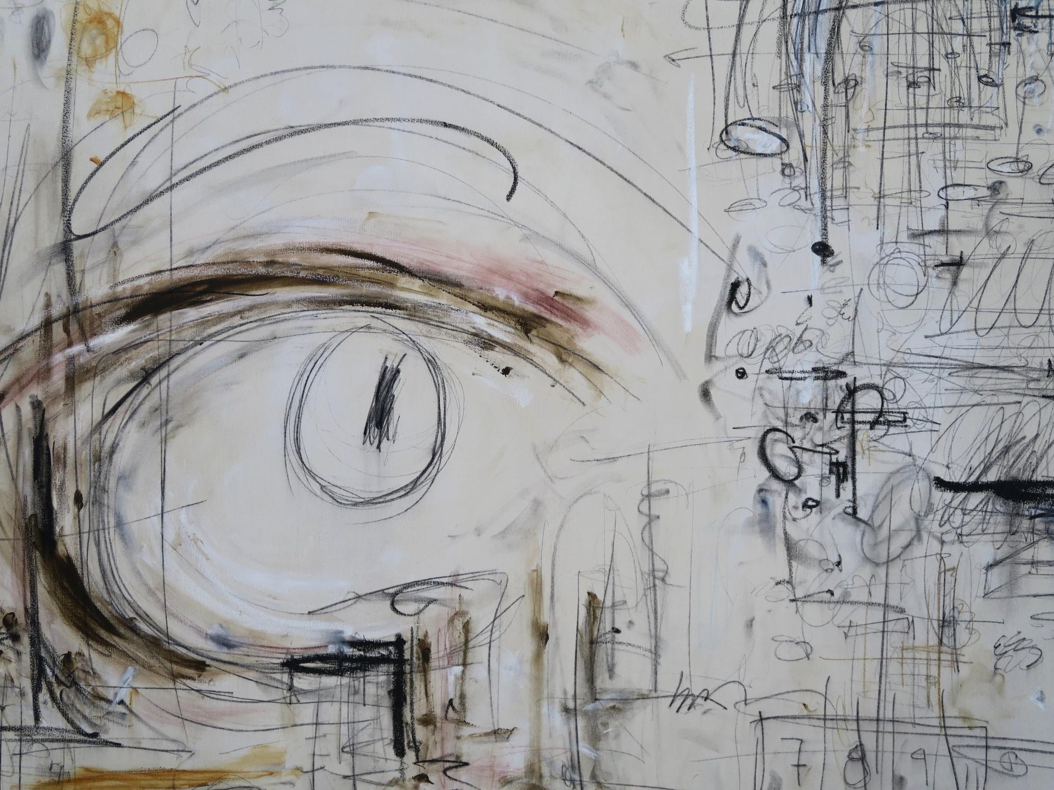 « Eye of the Beholder », acryliques, crayons, pastels d'huile dans des teintes neutres de taupe - Gris Abstract Drawing par Karina Gentinetta