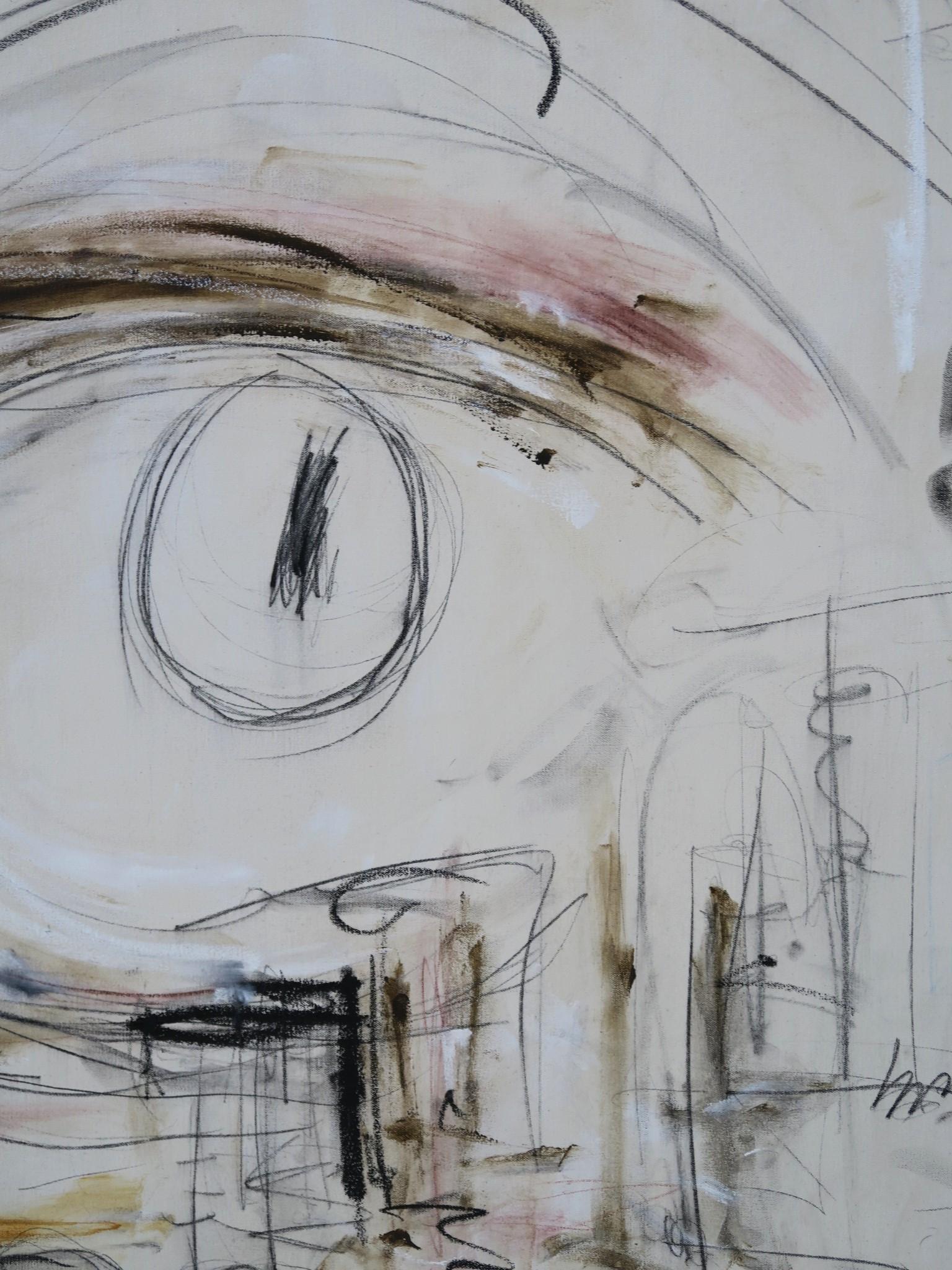 « Eye of the Beholder », acryliques, crayons, pastels d'huile dans des teintes neutres de taupe en vente 8