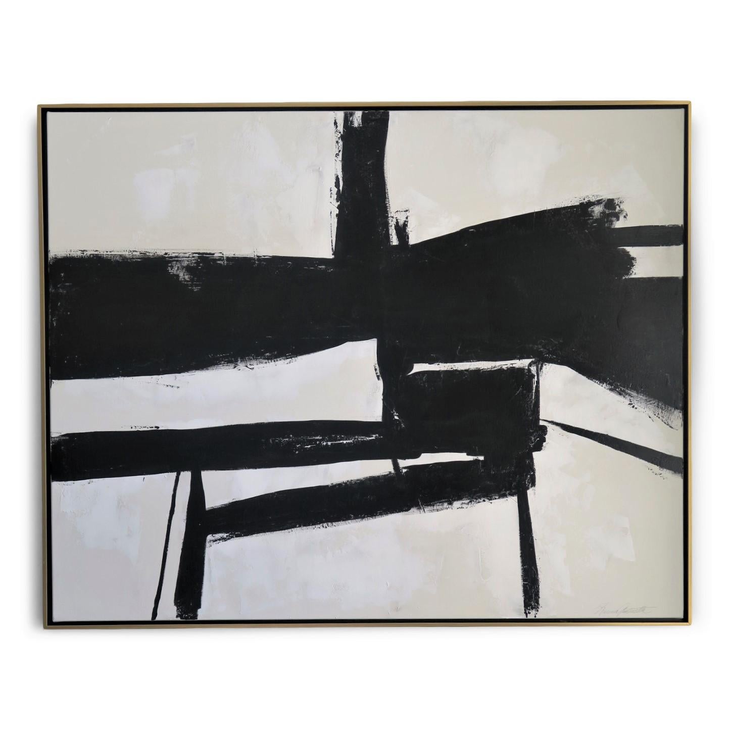 "Convergence". This is an original acrylic on stretched canvas abstract black and white painting by Argentine born artist Karina Gentinetta (featured in Elle Decor, the New York Times, Traditional Home and 2017 Luxe Magazine). Measures: 4ft x 5 ft