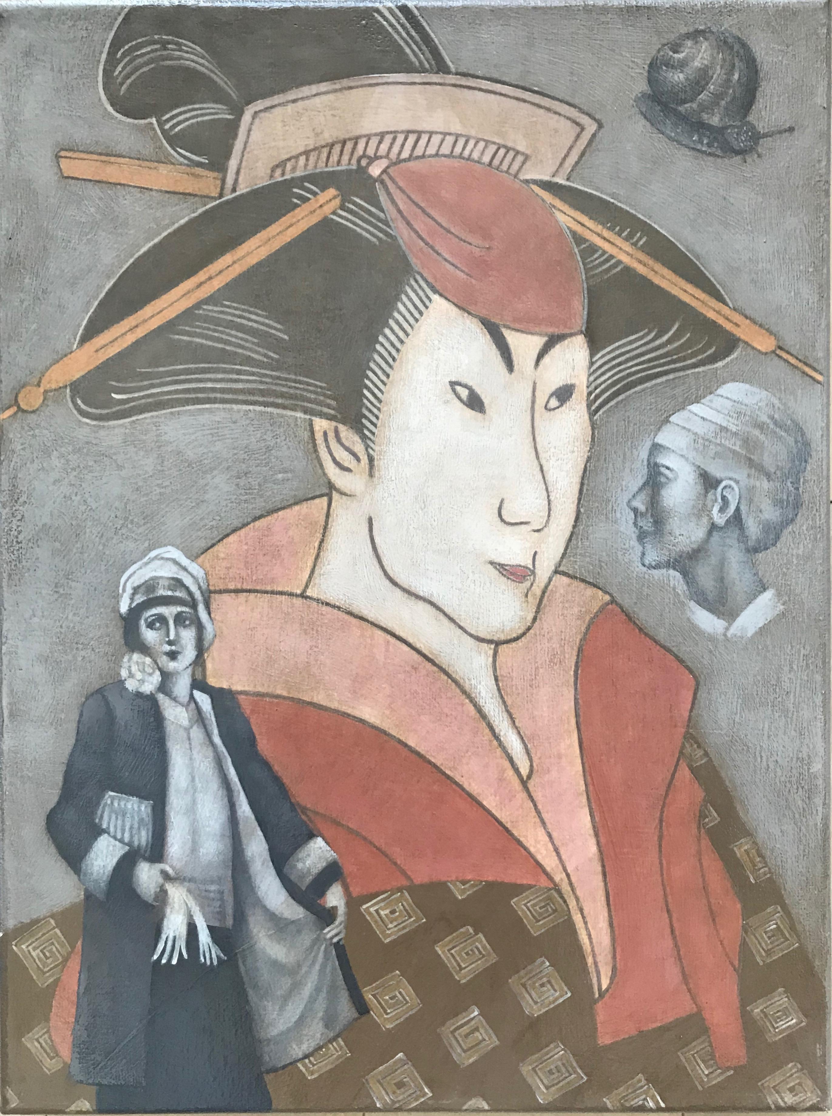 Lovers of Hirotaki, The Letter for Yakitoshi-diptych made in grey, beige, rose, red - Painting by Igor Fomin