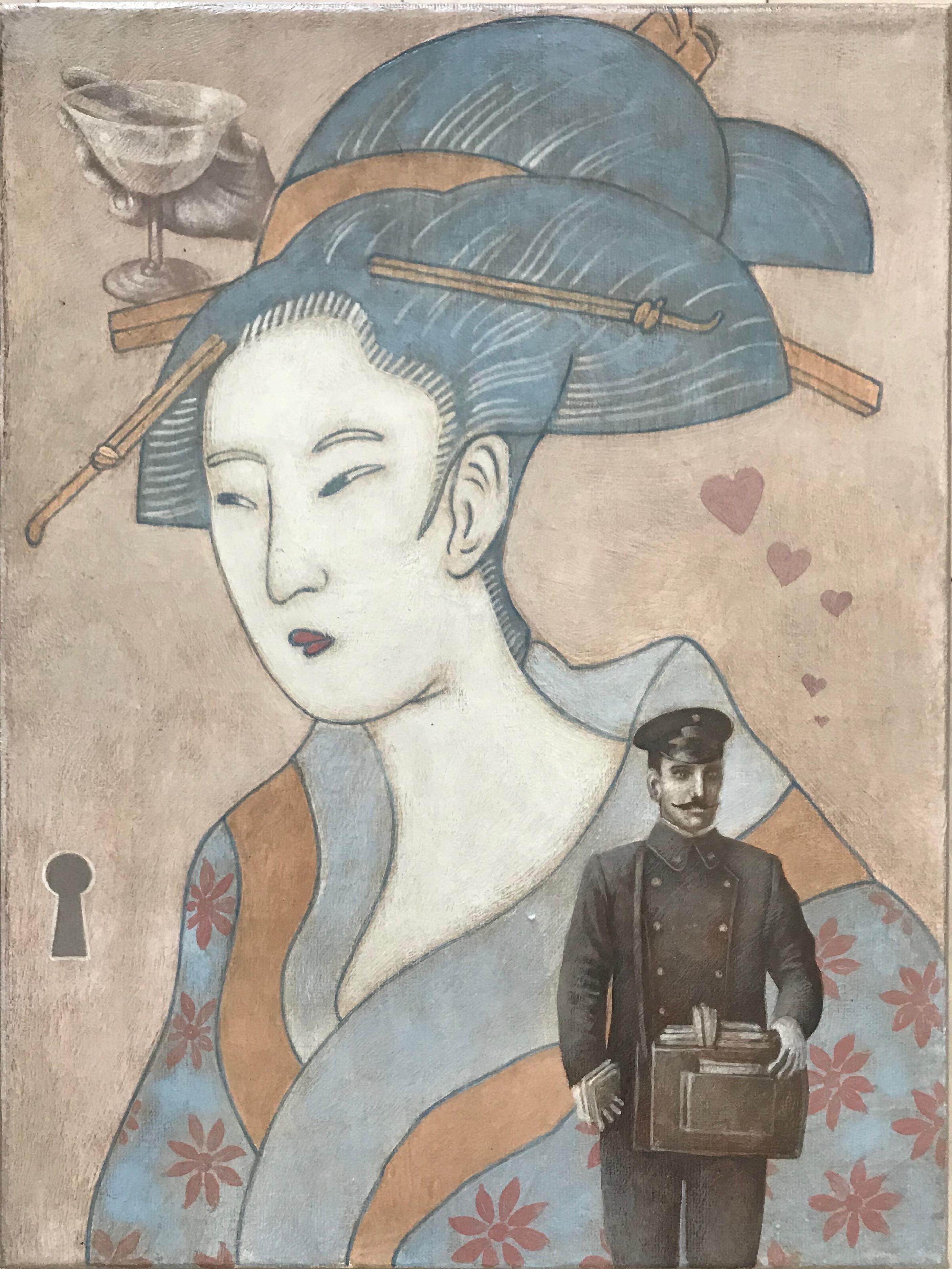 Lovers of Hirotaki, The Letter for Yakitoshi-diptych made in grey, beige, rose, red - Modern Painting by Igor Fomin