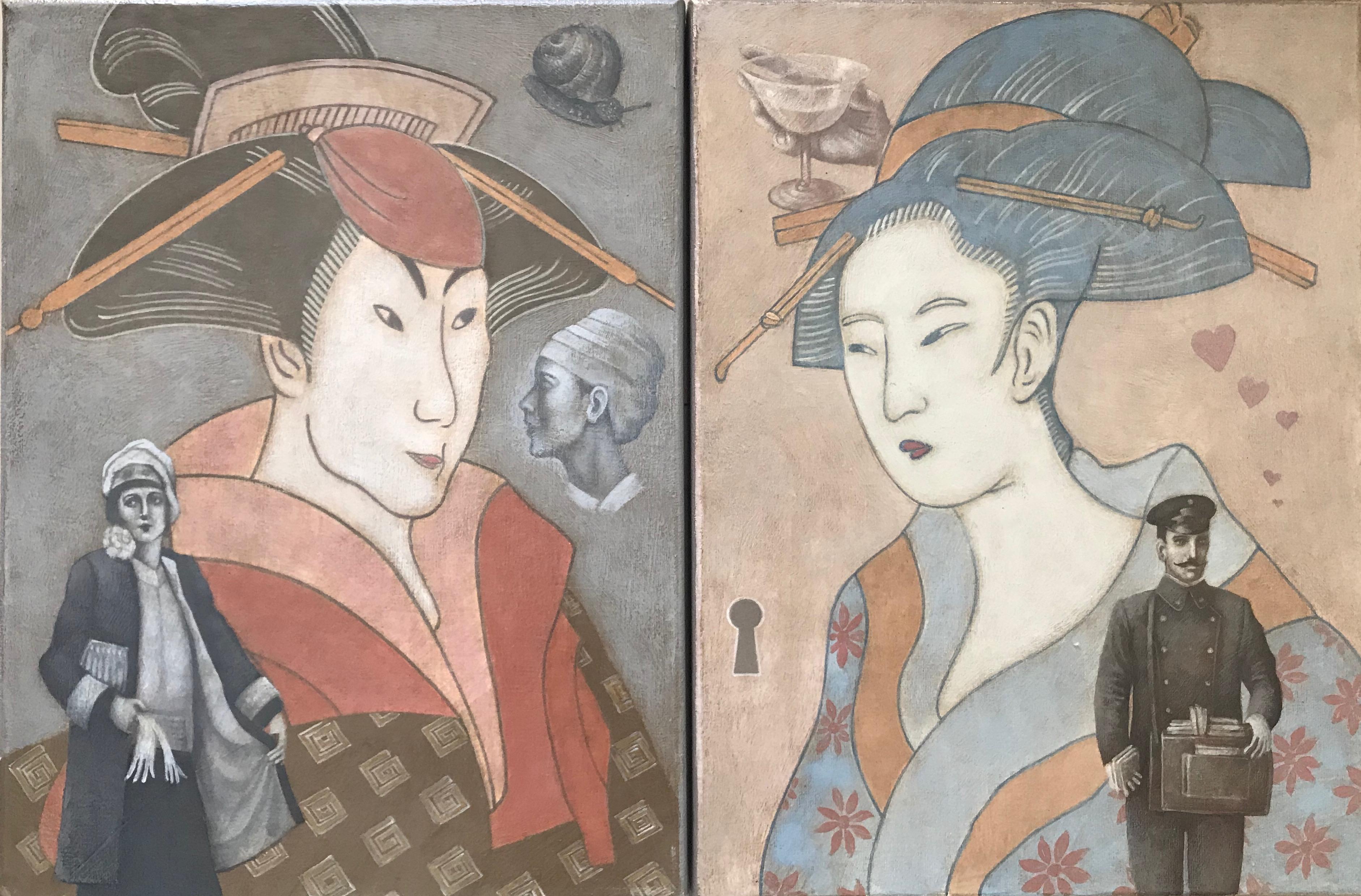 Igor Fomin Figurative Painting - Lovers of Hirotaki, The Letter for Yakitoshi-diptych made in grey, beige, rose, red