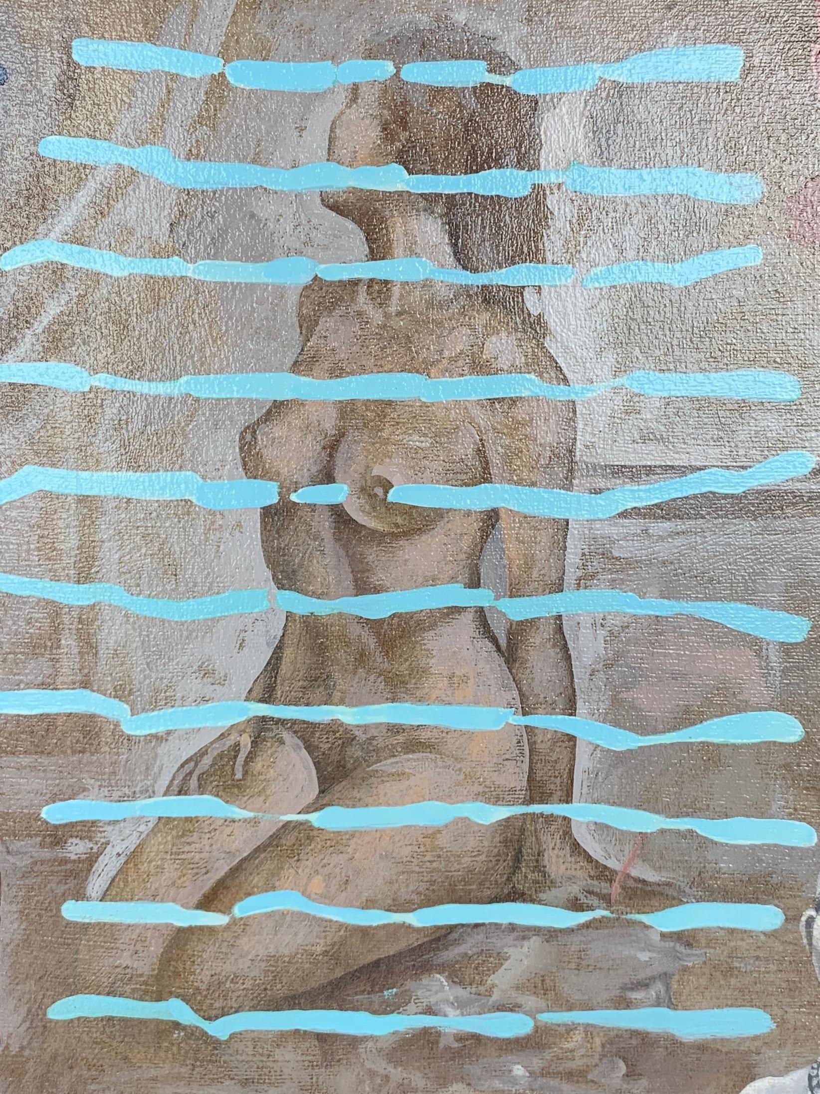 The Men of her Life-nude woman portrait made in beige, grey, turquoise color - Painting by Igor Fomin