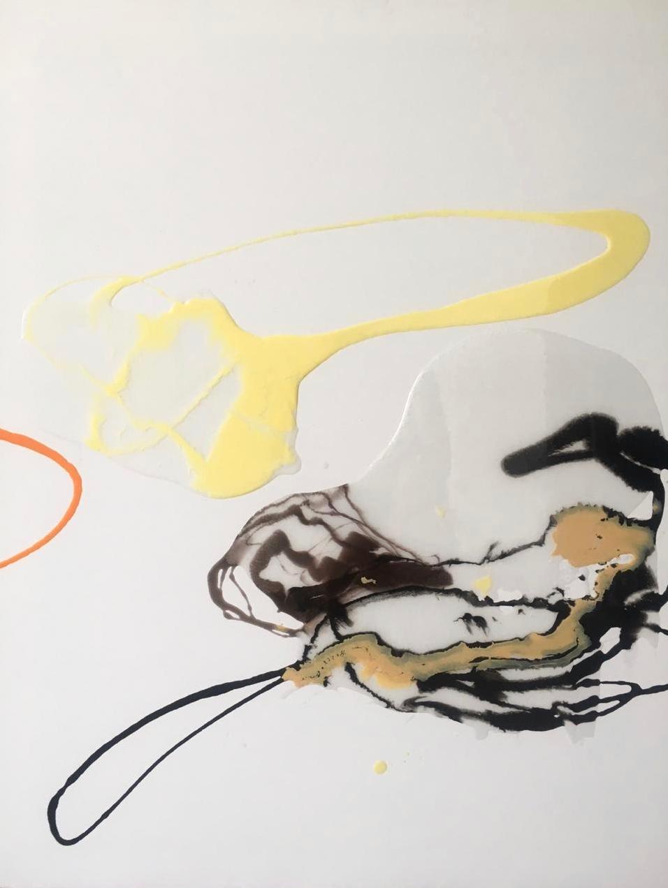 Lena Cher Abstract Drawing - Composition IV - abstraction art, made in black, orange, yellow and white