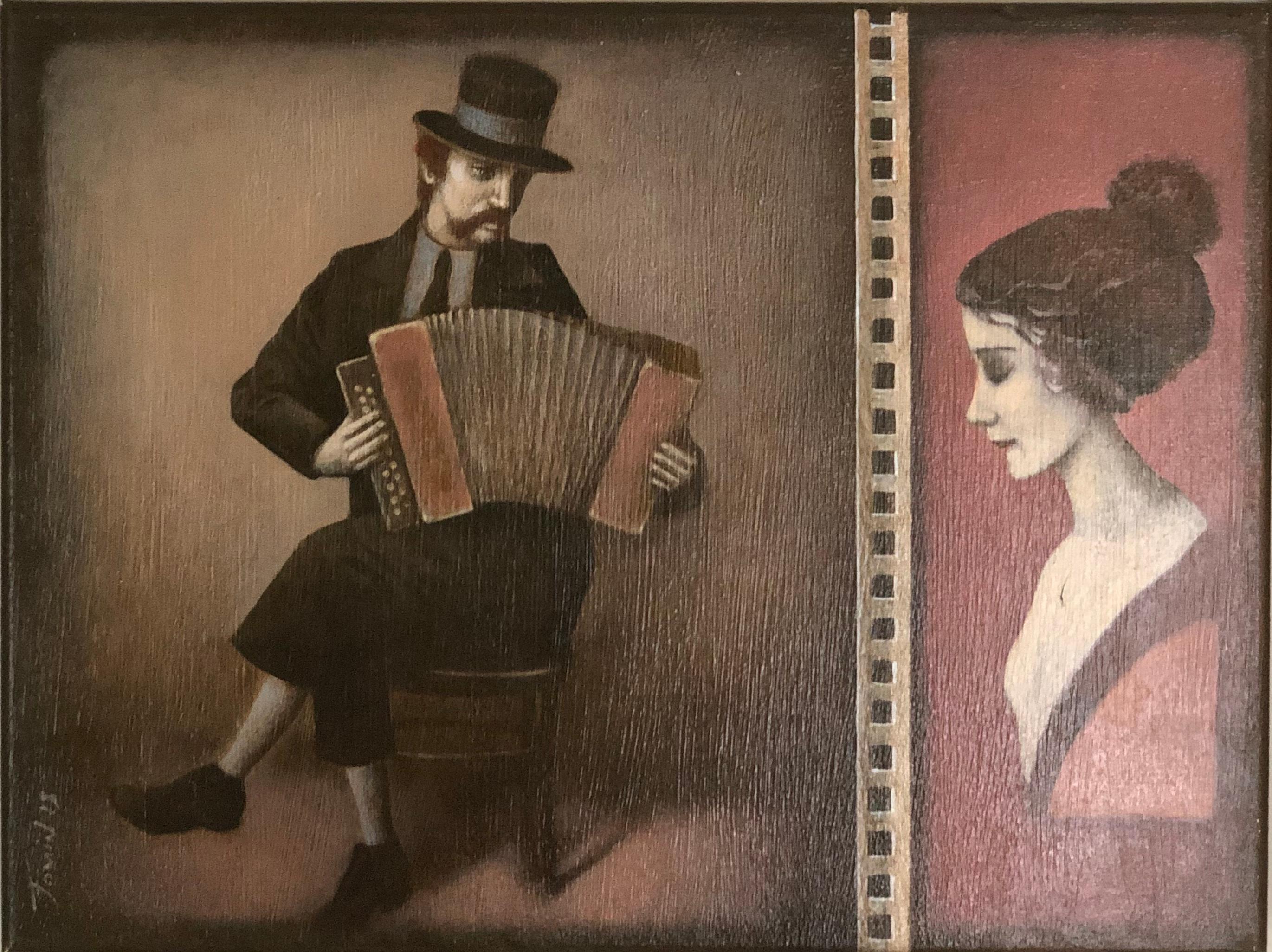 Igor Fomin Portrait Painting - Taper - man and woman made in brown, beige, red colors 