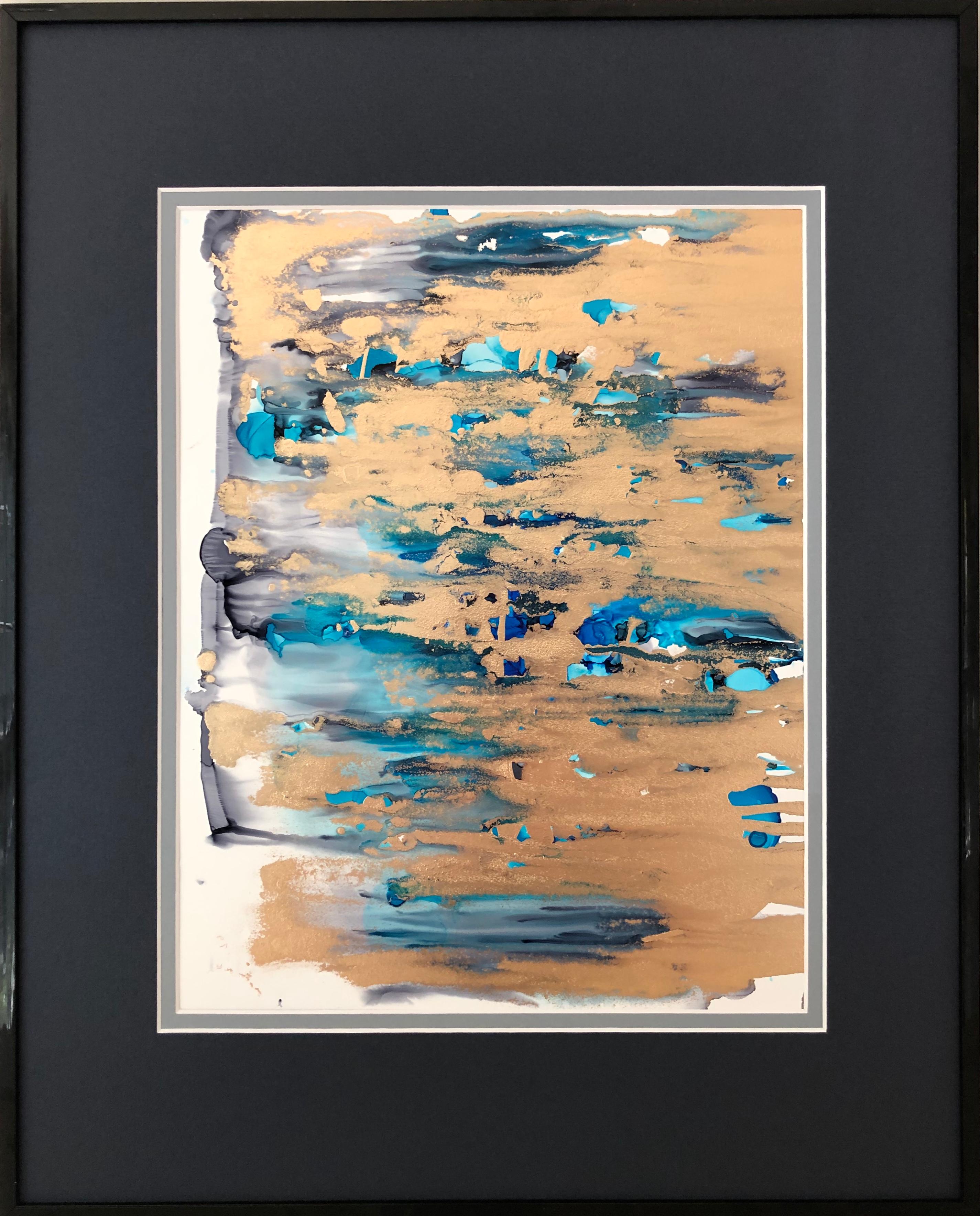 Mila Akopova Abstract Drawing - Coincidence (colorfall)- abstraction art, made in gold, blue, ultramarine, turquoise