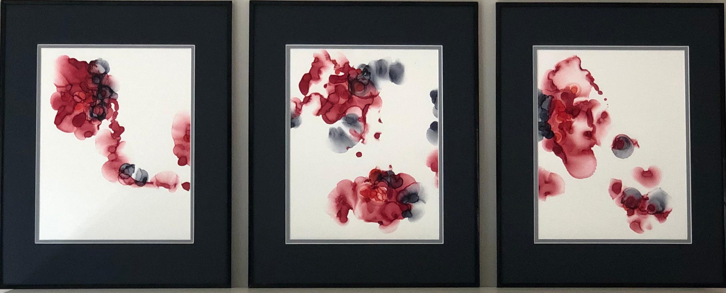Mila Akopova Abstract Drawing - Singed roses - abstraction art, made in cherry red, garnet red, white, grey