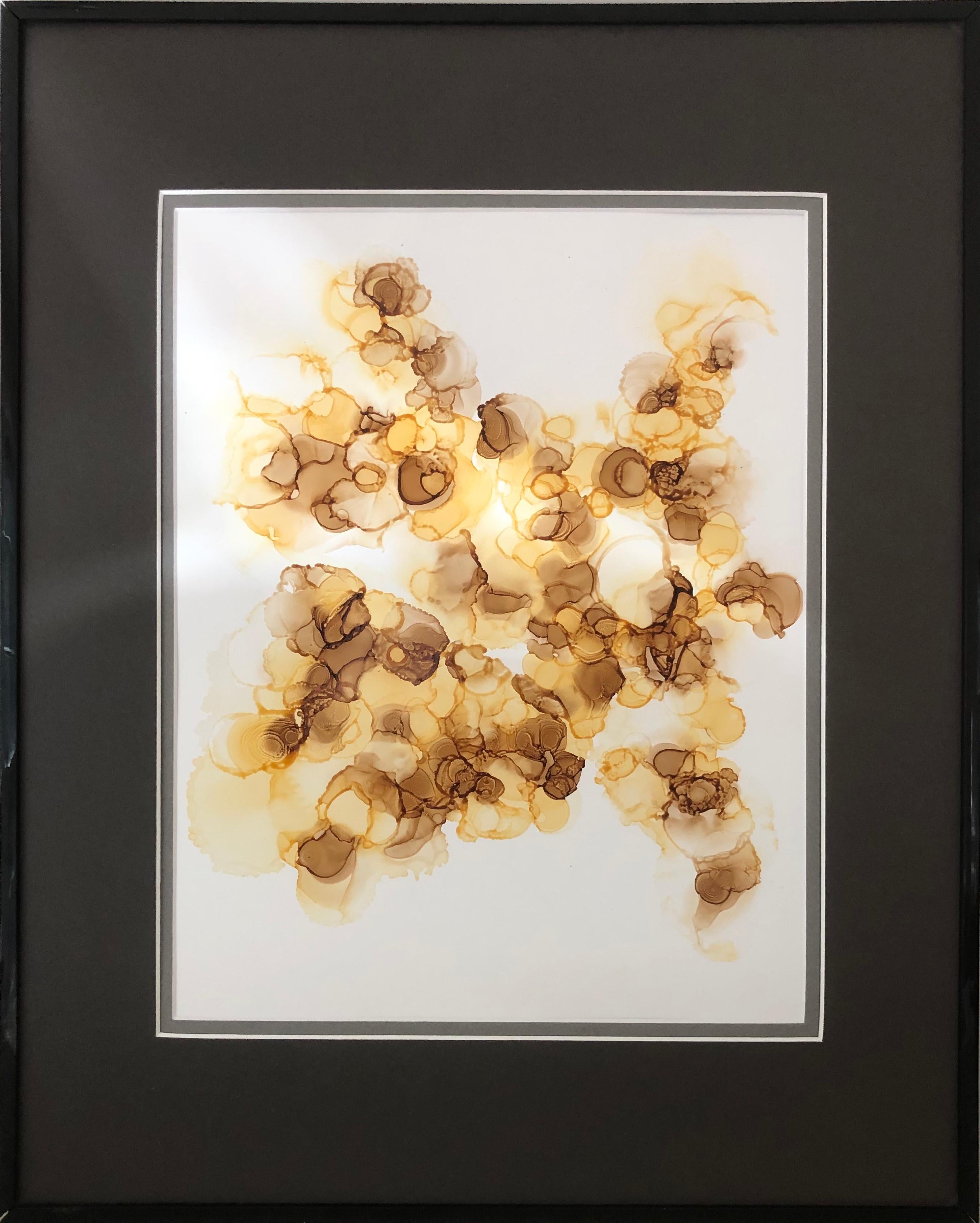 Mila Akopova Abstract Painting - Molecule - abstraction art, made in yellow, vanilla, brown, caramel color