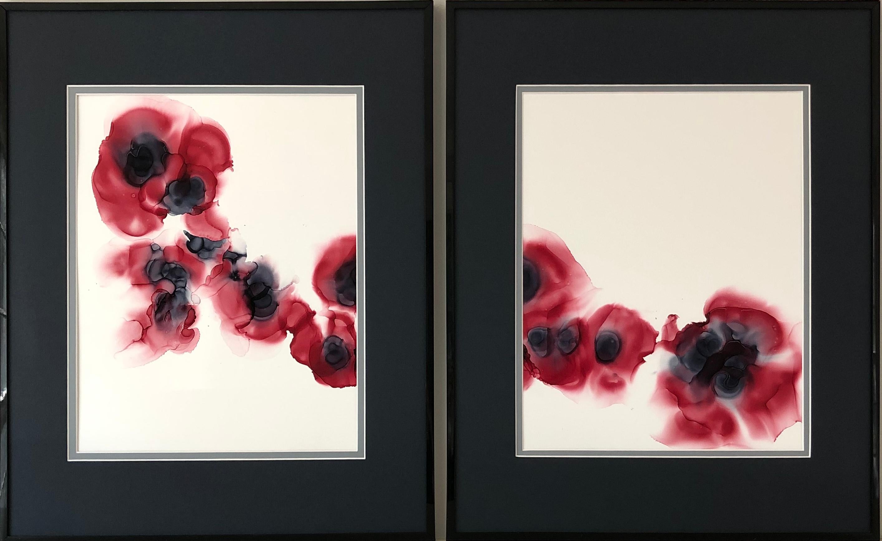 Mila Akopova Abstract Drawing - Singed poppies-abstraction art, made in cherry red, white, grey 