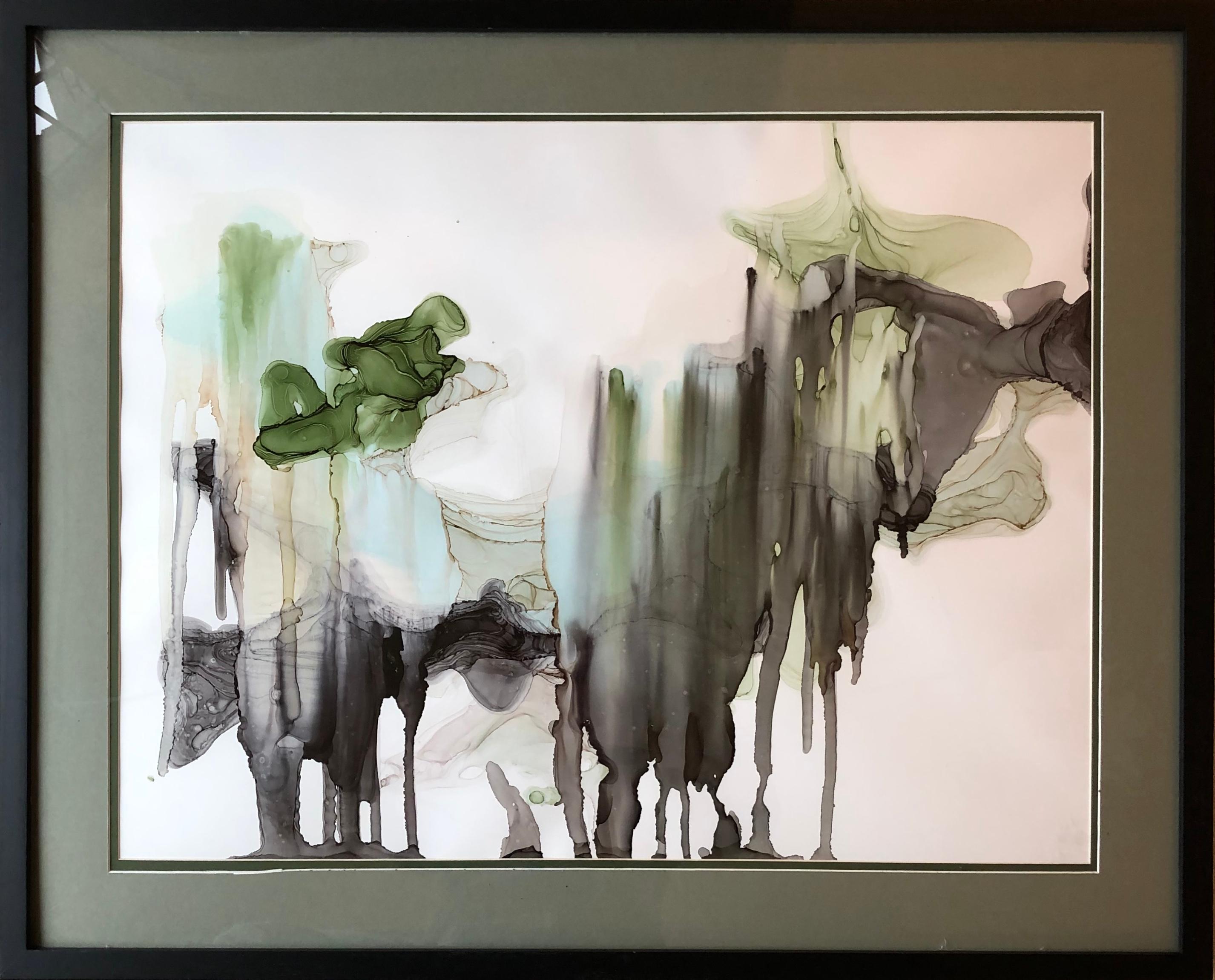 Mila Akopova Abstract Drawing - Raining in Jungles-abstract art, made in green, back, grey, olive color